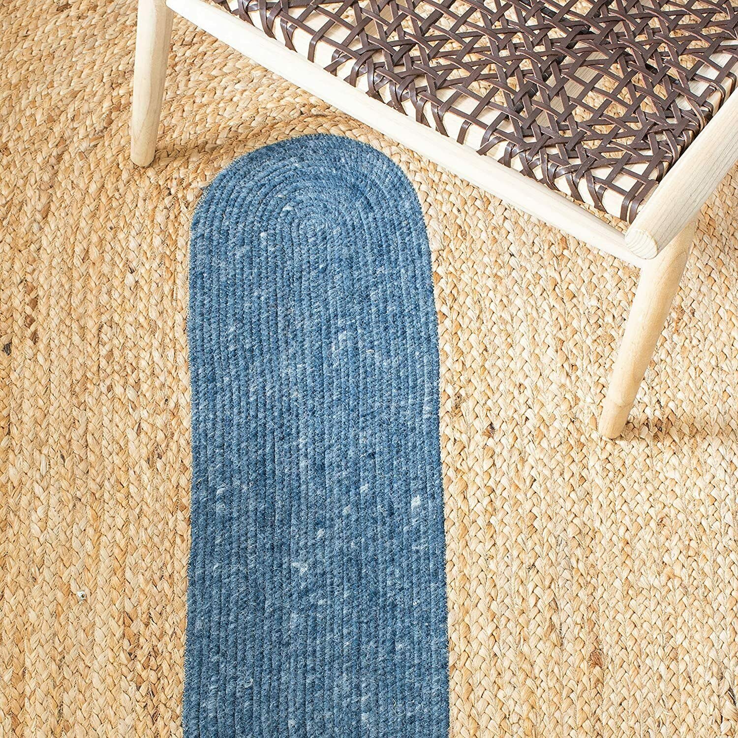 Tapis Ovale en Jute Naturelle tressée à la Main pour décoration d'intérieur, Salon (150 x 240 cm) Beige avec Bordure Bleue