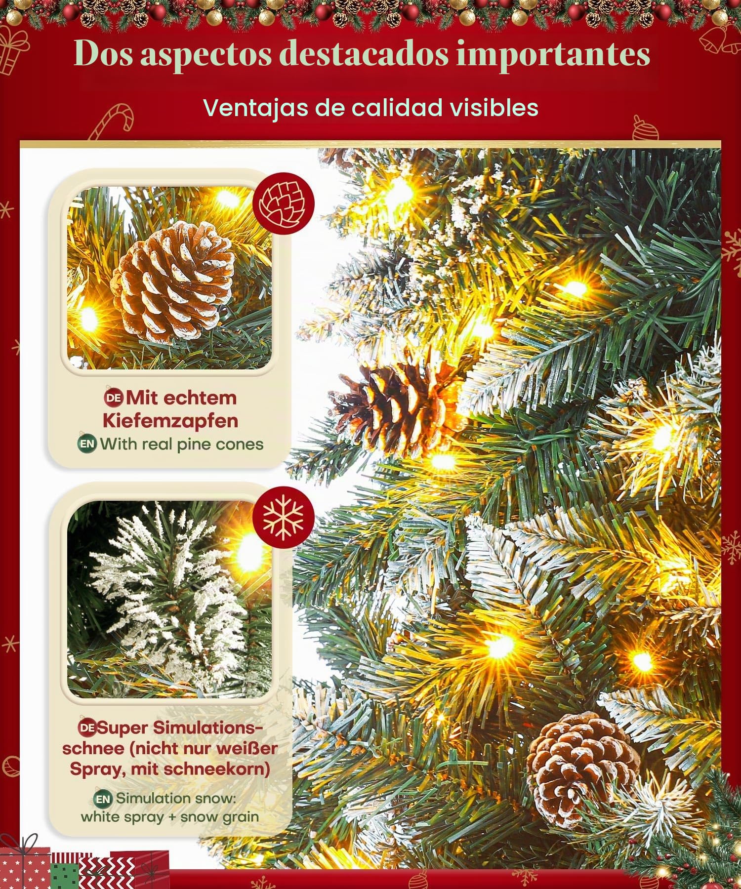 Yorbay árbol de Navidad Artificial con iluminación y Nieve Blanca, árbol de Navidad LED para decoración navideña con piñas Reales, Resistente al Fuego (180 cm)