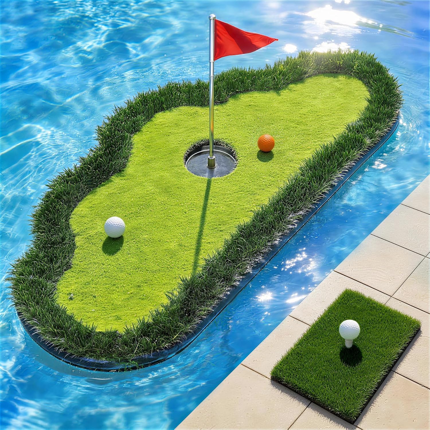 Floating Golf Green for Pool, Pool Golf Game Putting Green Mat with Ball Retriever & Anti-Drift Ropes, Floating Golf Putting Turf Game Set for Party and for Golf Enthusiasts to Practice