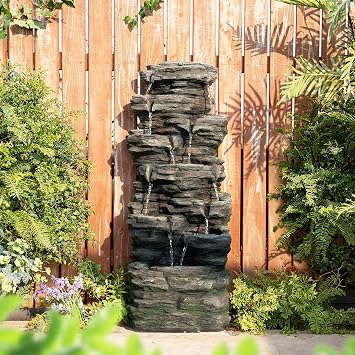 Glitzhome Outdoor Fountain with Pump and LED Light, 9-Tiered Rock Floor Fountain with Cascading Water, 39.25" H Polyresin Waterfall Fountain Outdoor Water Feature for Garden, Patio, Yard & Deck