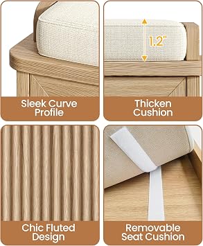 Akxomel Fluted Shoe Storage Bench with Cushion, 39.4 Entryway Bench with Adjustable Shelves and 2 Doors, Shoe Cabinet Bench with Curved Profile, for Hallway, Living Room, Bedroom, Natural Oak
