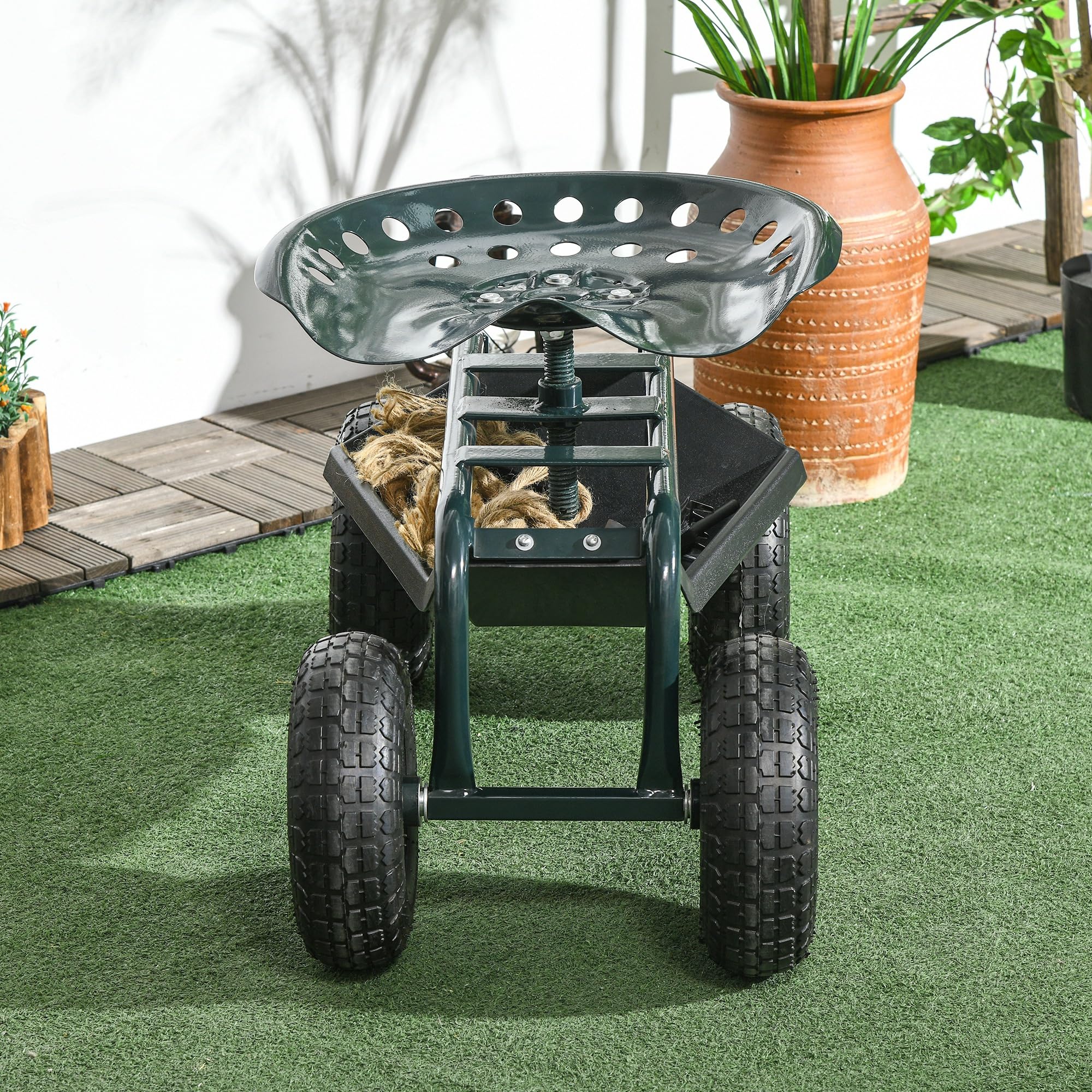 Outsunny Carrello da Giardino con Sedile Regolabile in Altezza e Vassoio Inferiore Porta Attrezzi, Sgabello da Giardinaggio con Ruote Grandi, per Esterno, Patio e Giardino, Verde Scuro