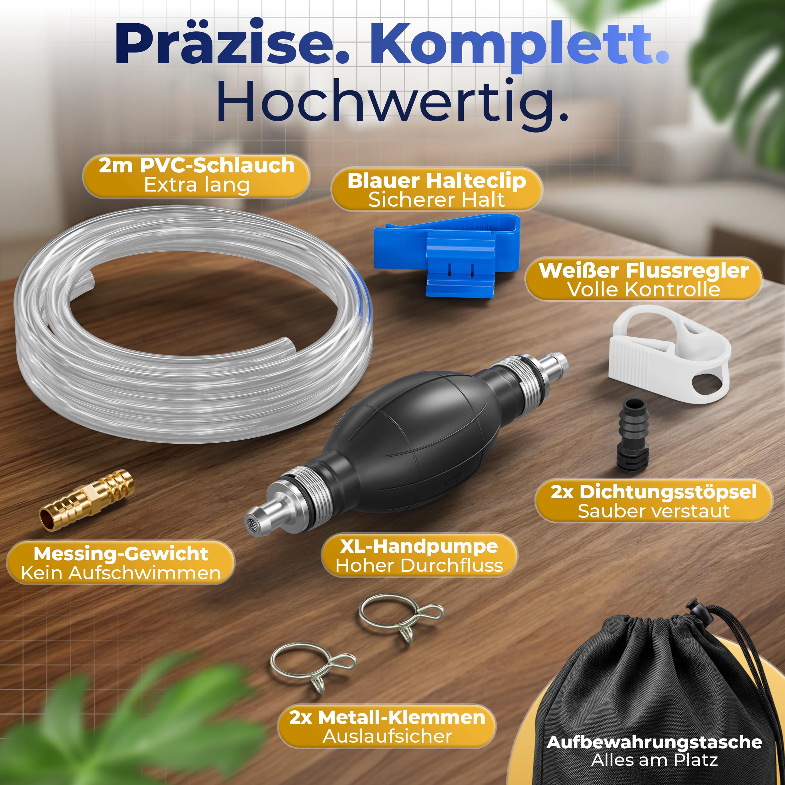 XL Handpumpe Umfüllpumpe 2 Meter Schlauch – Tragbare Ölabsaugpumpe & Kraftstoffpumpe mit Flüssigkeitsregler & Stöpsel – Schlauchpumpe für Wasser Benzin Diesel Öl – Inkl. Aufbewahrungstasche