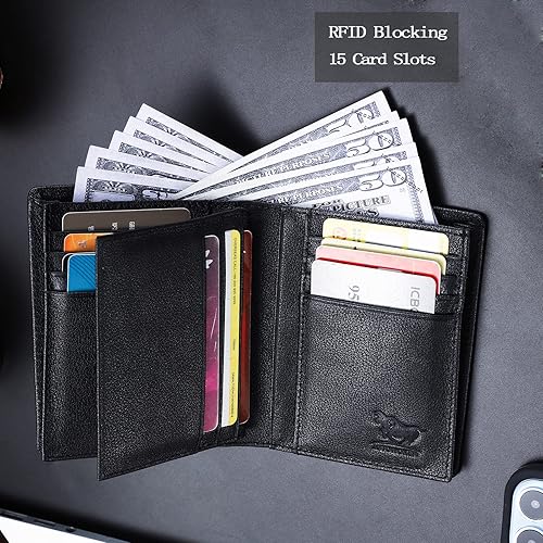 Miniatura 4 de Billeteras para hombre con bloqueo RFID, billetera plegable de cuero genuino suave, marrón, occidental, 16 tarjeteros para hombres, Negro2, Casual