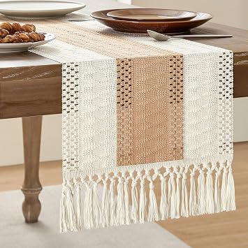 ZeeMart Macrame Style Bicolor Stitching Table Runner, 14 x 72 Inch Beige/Ivory, Boho Light Tan Table Runners 72 Inches Long, Farmhouse Woven Home Decor