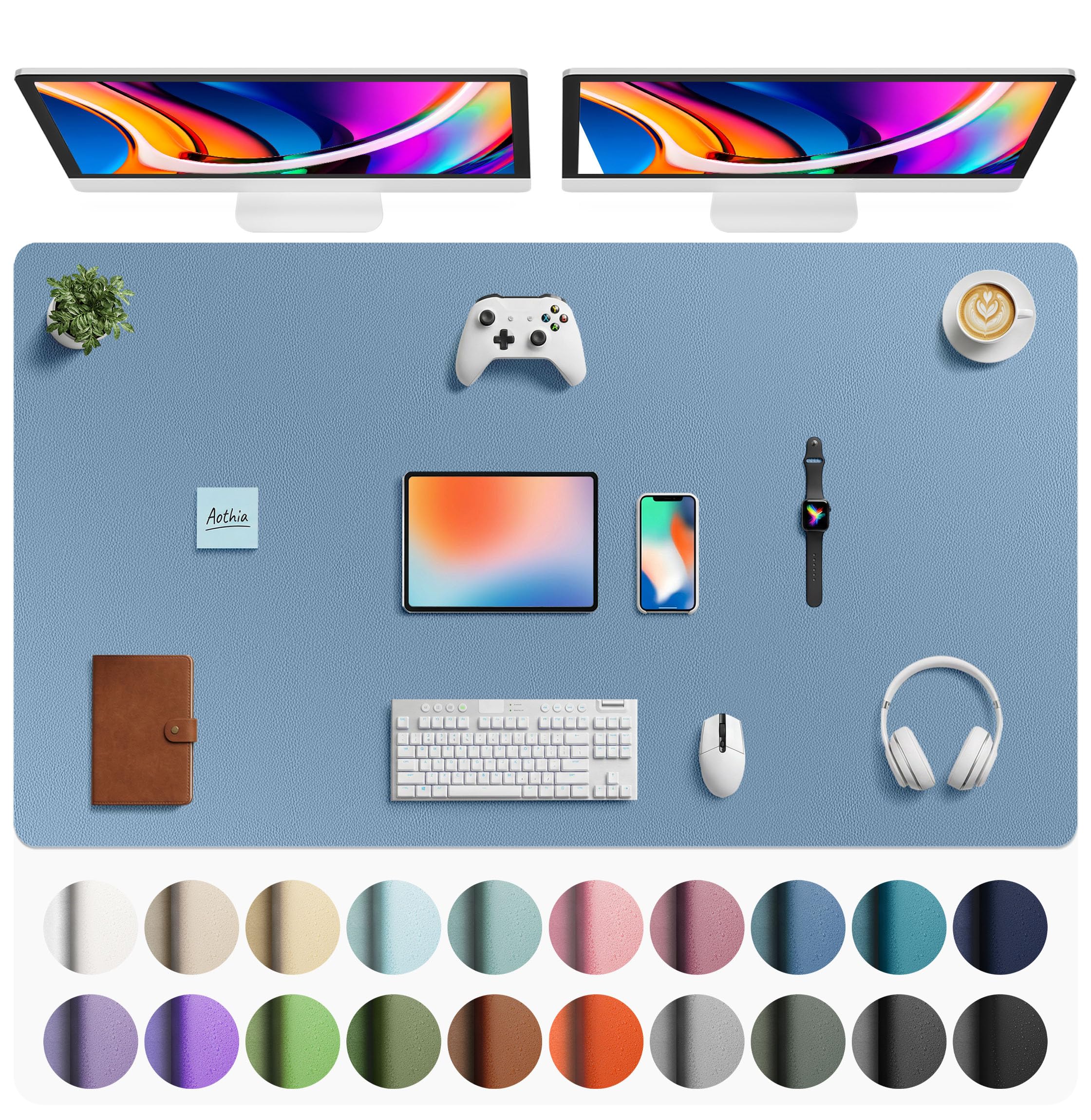 Aothia Faux Leather Desk Mat - Large Mouse Pad, Non-Slip PU Leather Blotter, Waterproof Writing Surface for Office and Home (Denim Blue, 63" x 24")