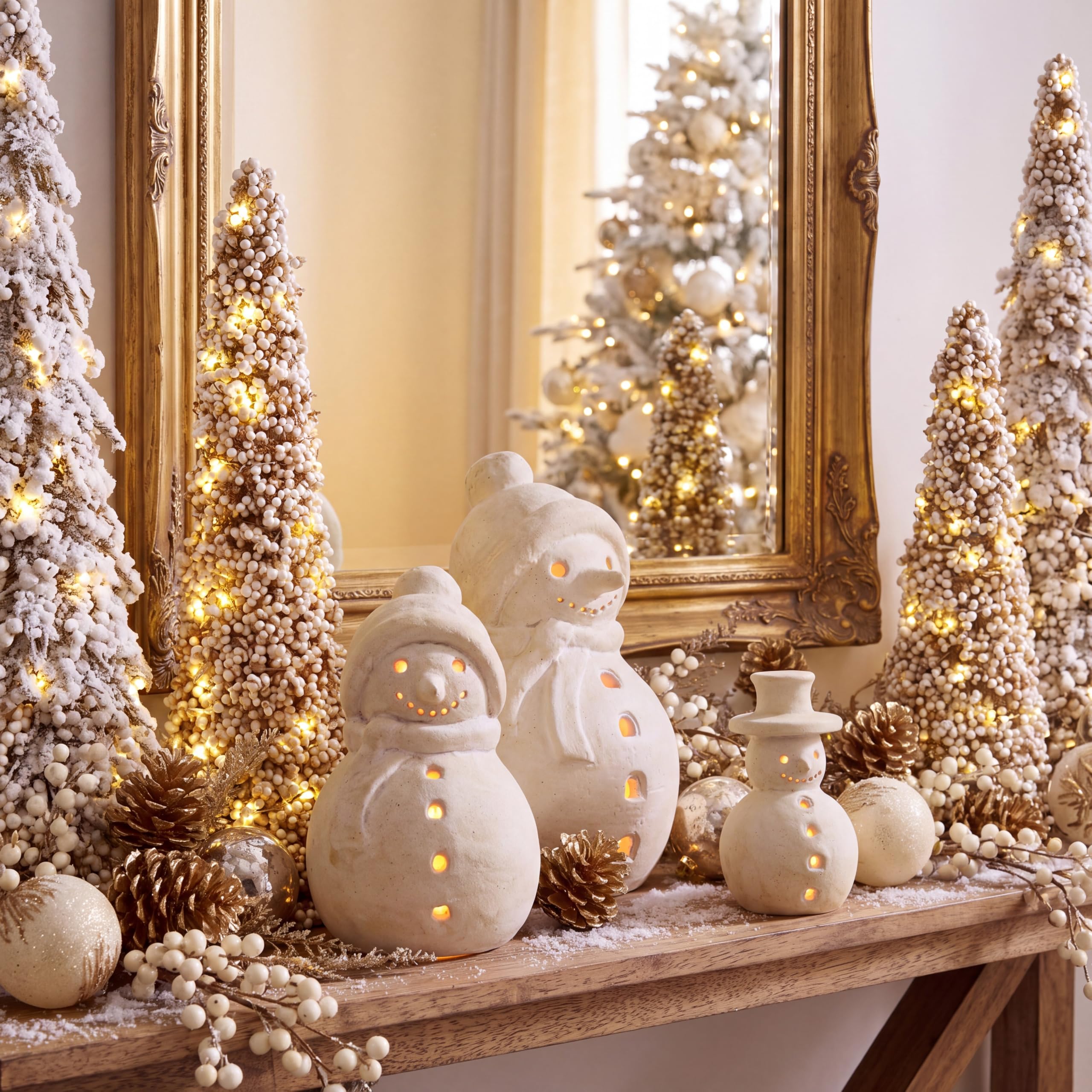 Yungyan 4 figuras de muñeco de nieve de terracota de 7.87 pulgadas con luz LED, decoración de mesa, estatua de mesa para Navidad, invierno, festivo, gabinete, chimenea, estante, ventana, regalo