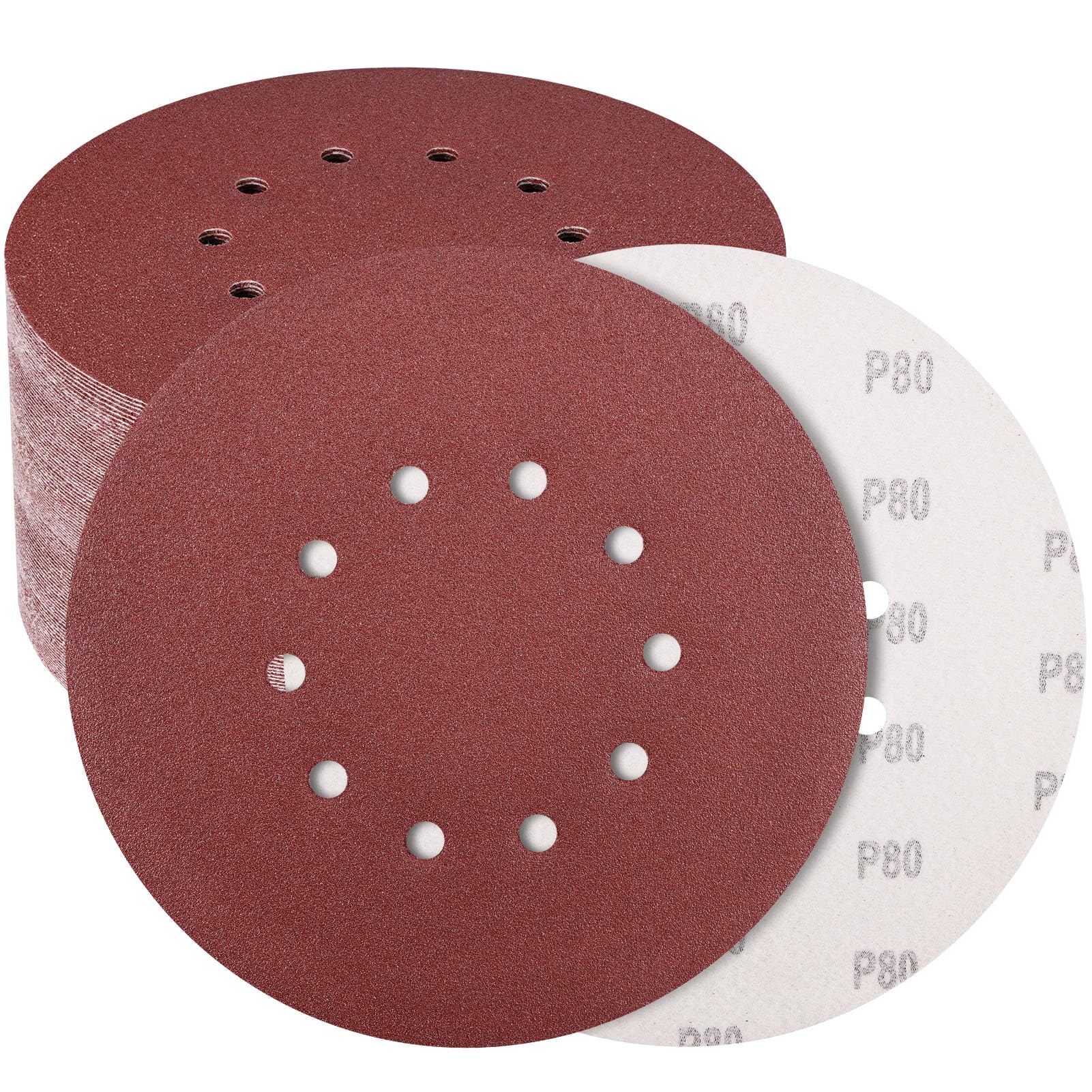 50 Pack 9-Inch 10-Hole Hook-and-Loop Sanding Disc, 80 Grit Aluminum Oxide Drywall Sandpaper for ‎9" Drywall Sander Pads, Finishing Ceiling Wood Floor