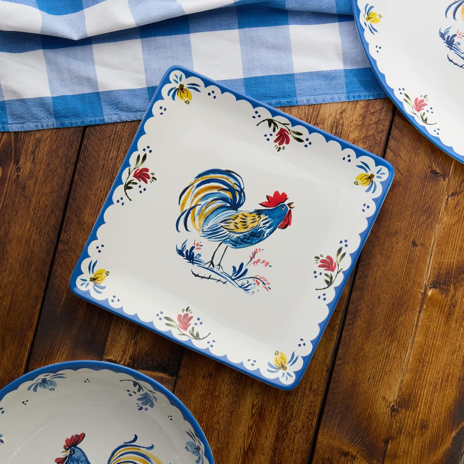 French Rooster Ceramic SQUARE PLATTER, 12.5 Inches, rustic farmhouse serving platter with cobalt trim and classic rooster motif, ideal for appetizers, desserts, meats, holiday dining