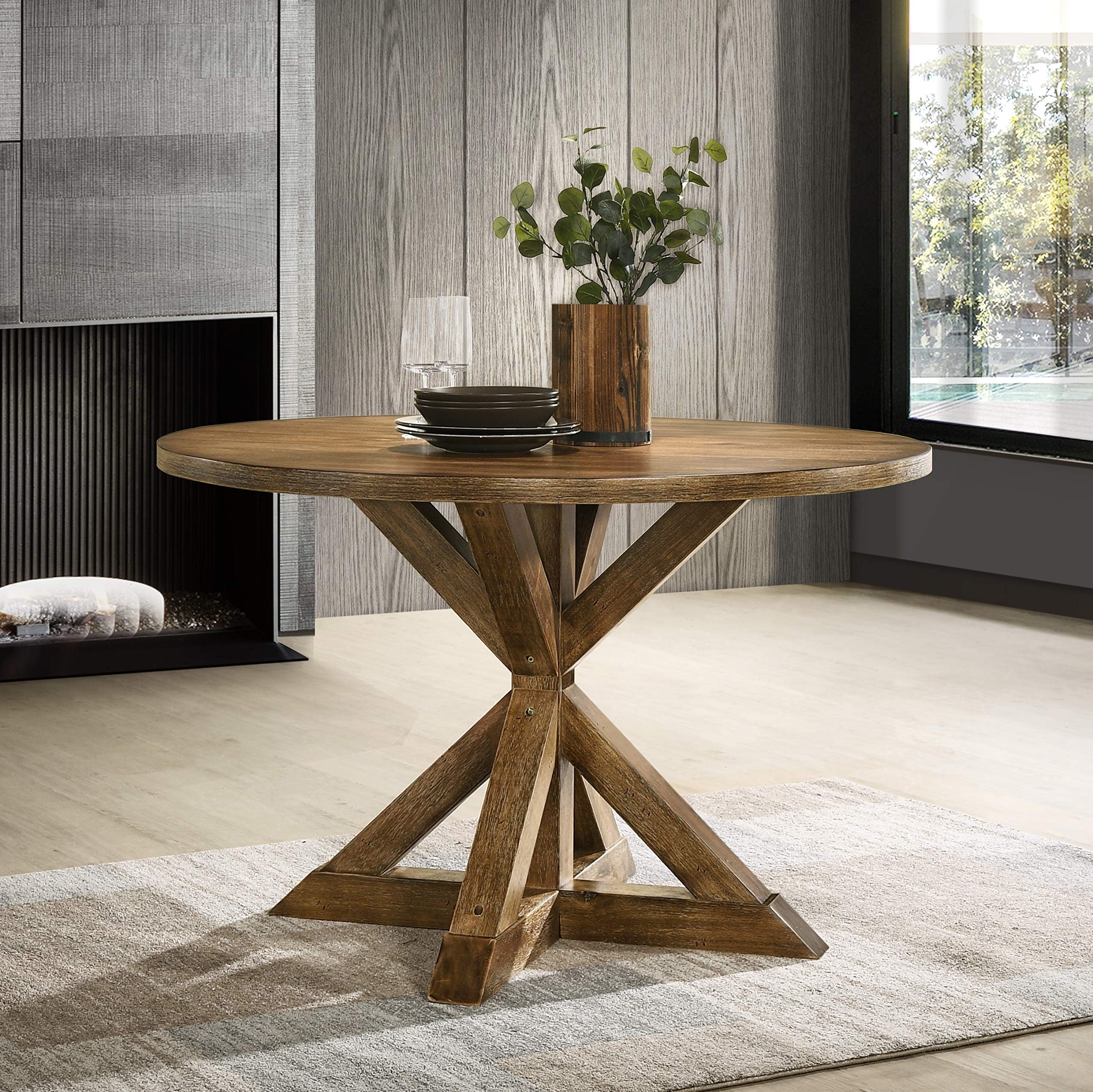 WILLIAMSPACE 48" Round Dining Table for 4-6 People, Modern Wooden Kitchen Table with Solid Wood Cross-Buck Base, Circular Farmhouse Table for Living Room Furniture