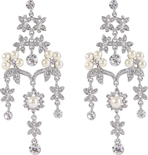EVER FAITH Crystal Simulated Pearl Flower Leaf Chandelier Drop Bridal Prom Earri