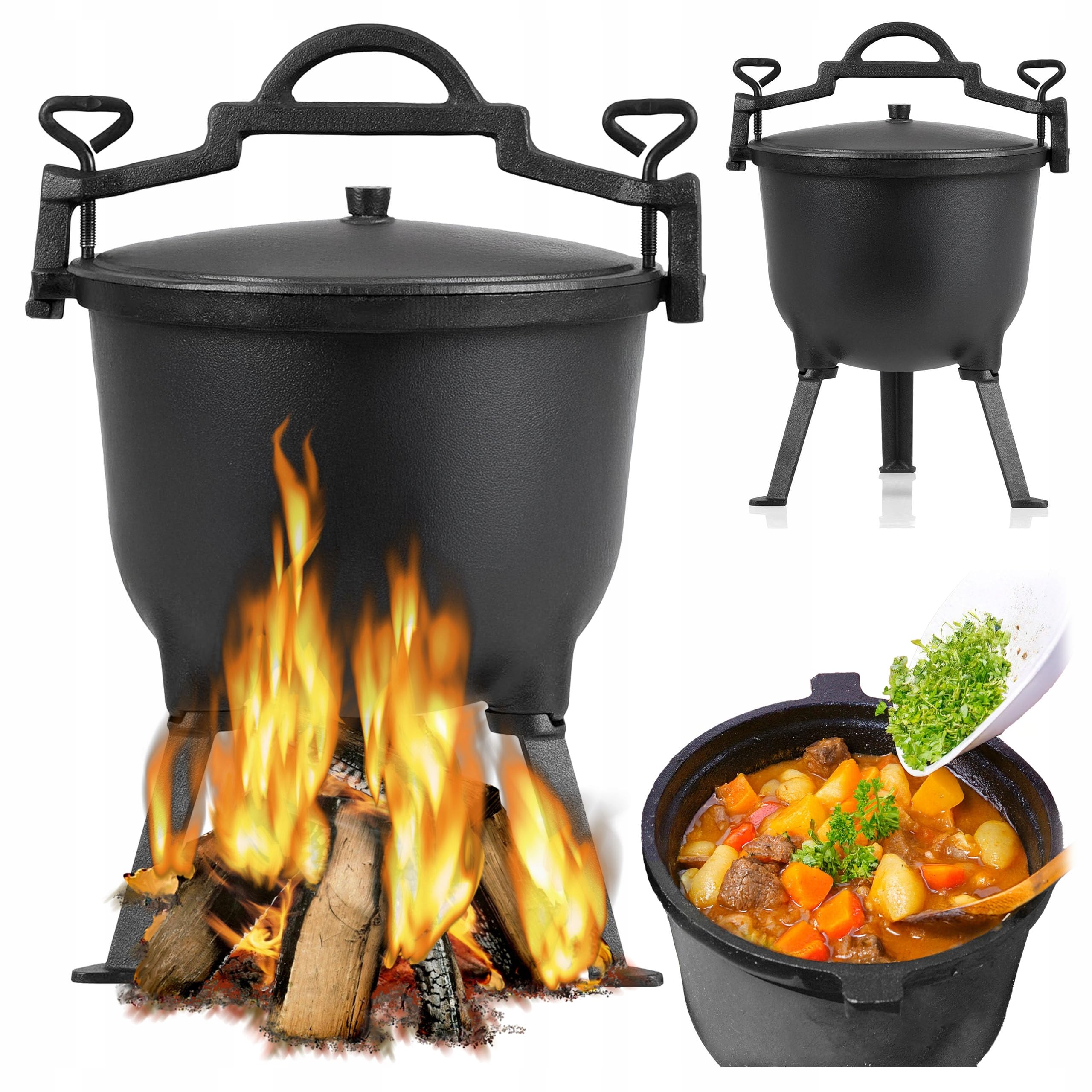 Żeliwny kocioł na grillu, ognisko, gulasz, ziemniaki, kocioł myśliwski, 8 l