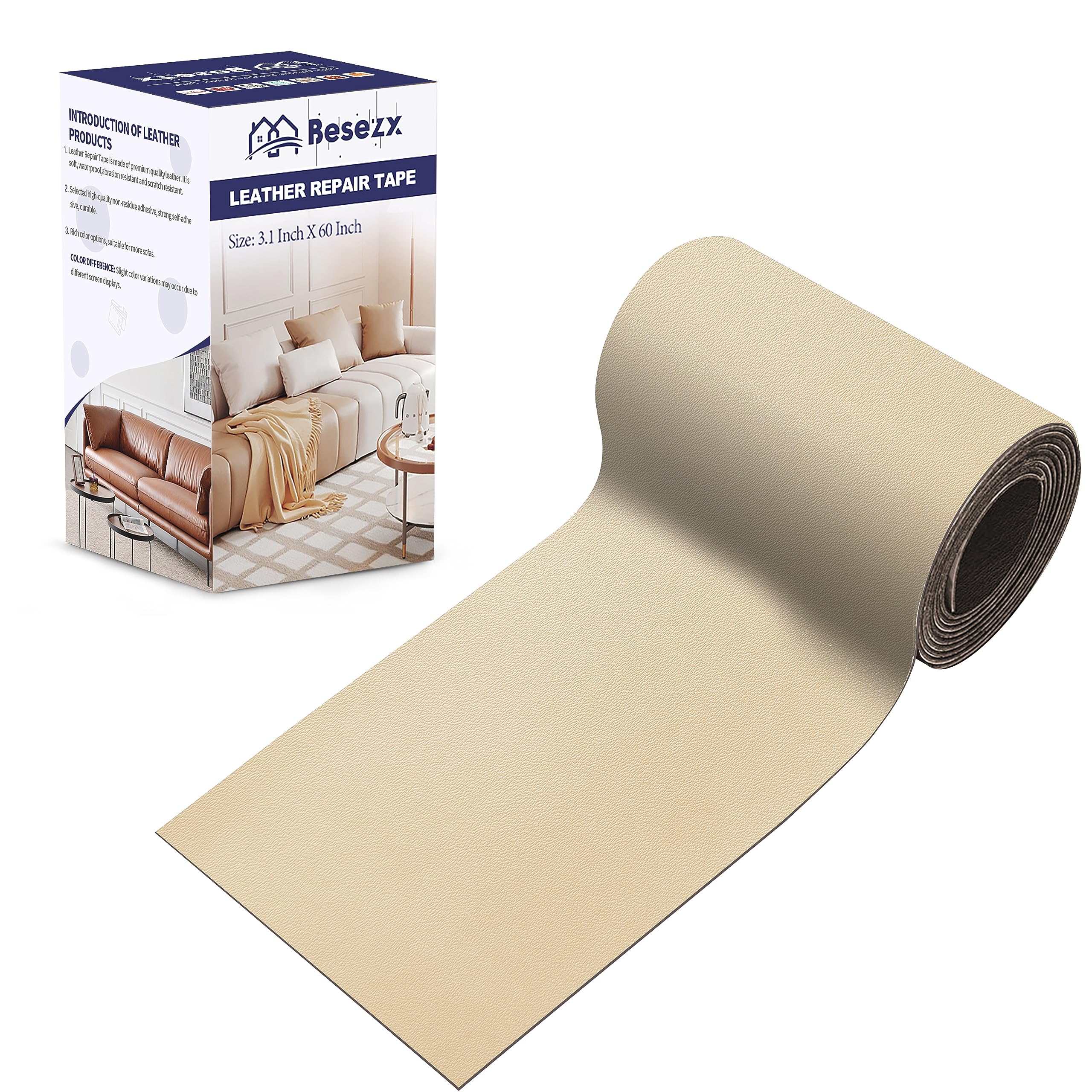 Leather Repair Patch Tape Kit, Self Adhesive Leather Repair for Furniture, Couch, Sofa, Car Seats,Office Chair,Vinyl Repair Kit.3.1inx60in