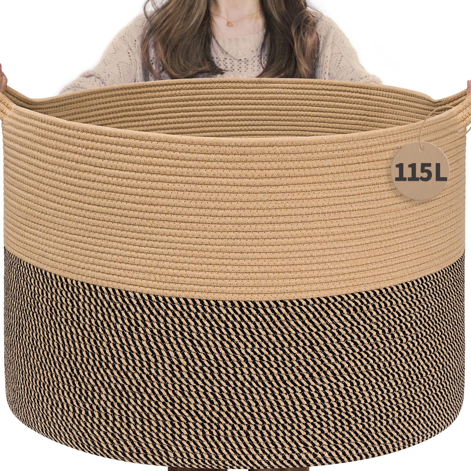 TIMEYARD Large Cotton Rope Basket Woven Baby laundry Blanket Basket for Living Room Decor, Toy Storage Baskets for Kids Boys Girls, 60x40cm, Black Jute โ image 1