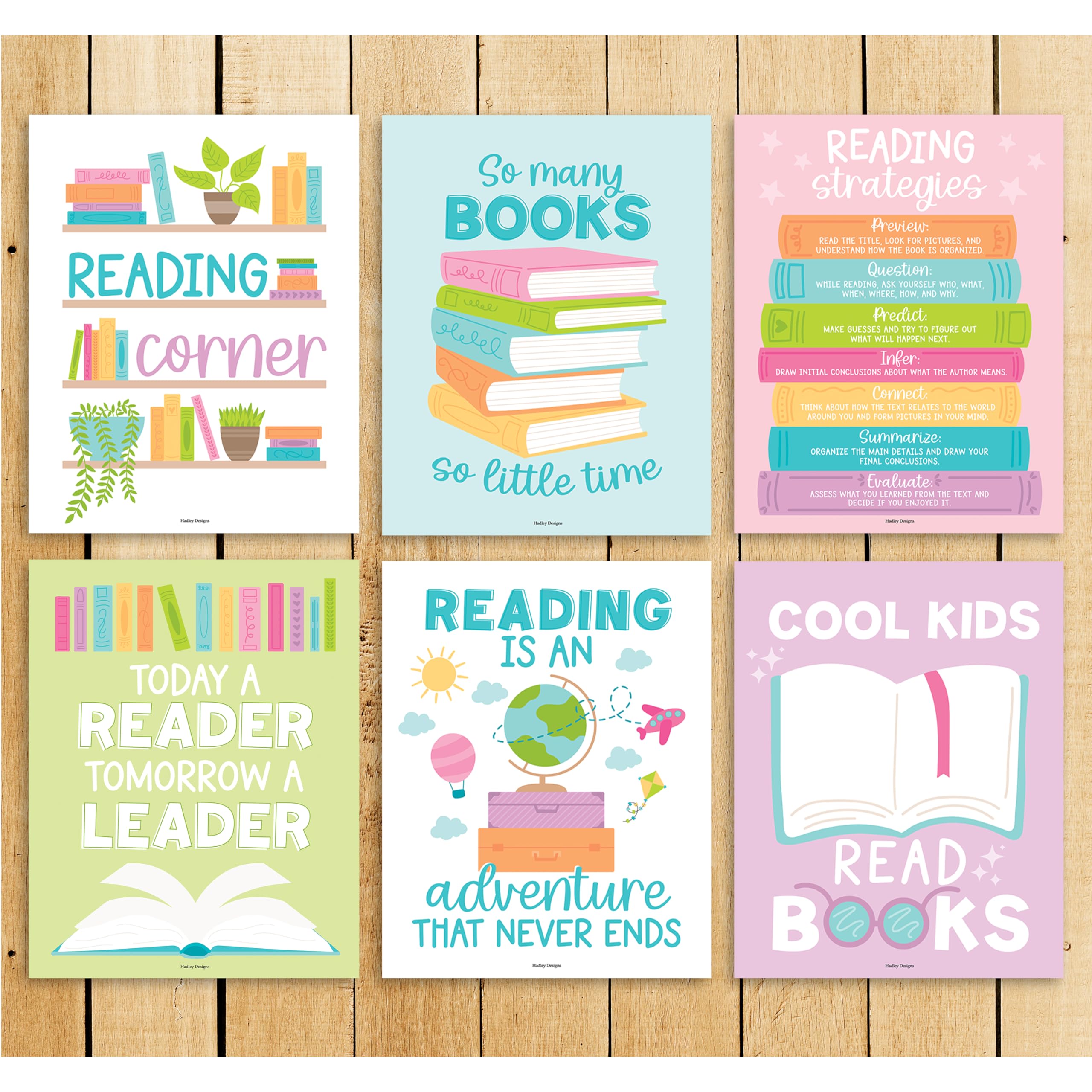Hadley Designs 6 Motivational Reading Strategies Posters - Classroom and Library Decorations for Elementary School, Reading Corner and Literacy Wall Art - Pastel Classroom Decor
