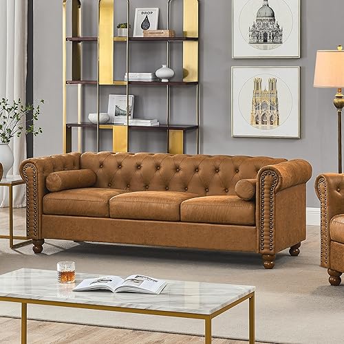 Miniatura 7 de Sofá Air de cuero copetudo para sala de estar, sofá de 3 plazas con brazo enrollado con ribete de cabeza de clavo y 2 almohadas para el cuello, sofá