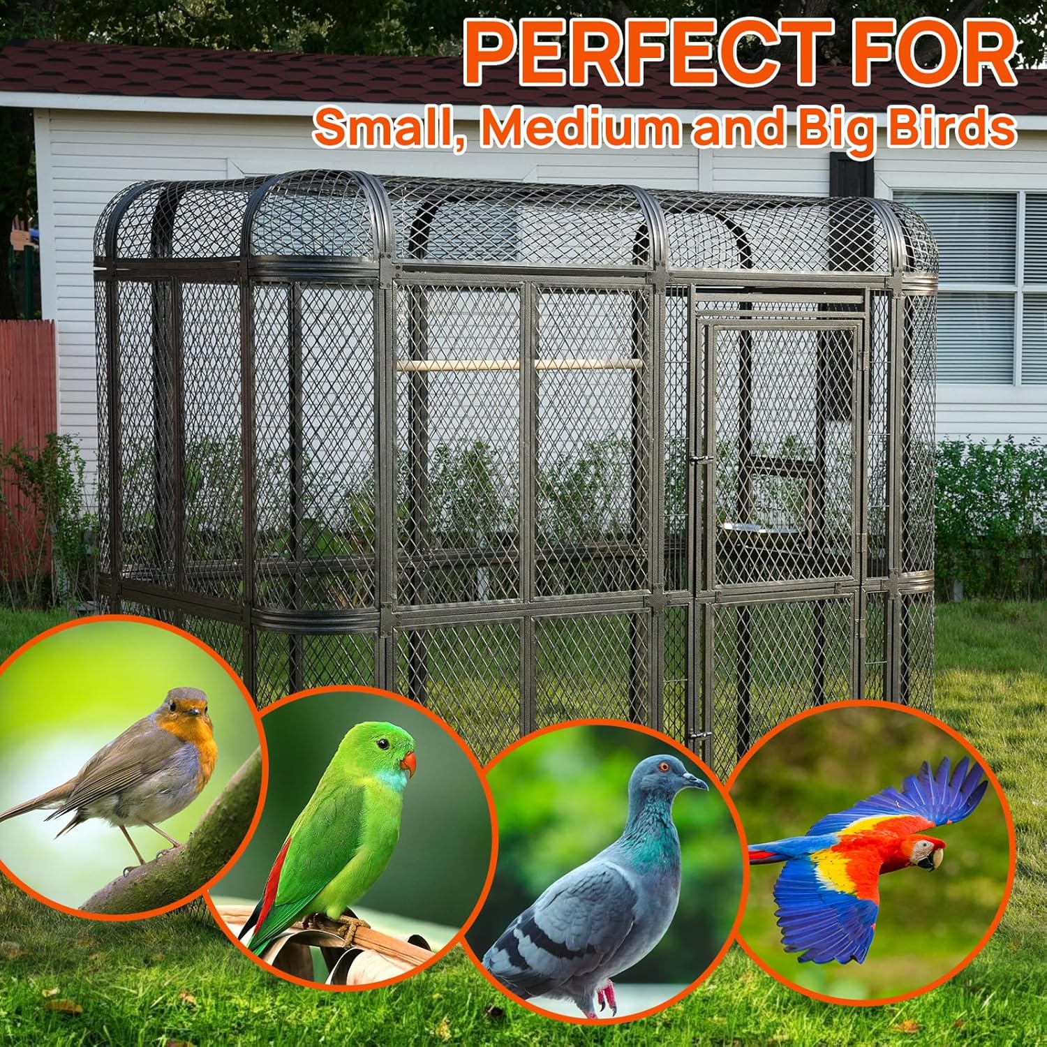 Large Walk-in Cage 77-inch Heavy Duty Birdcage Outdoor Diamond Grid Aviary Parrot Cage Wide Flight Metal Birdcage for Macaw Budgie Conure Lovebird Parakeet Cockatiel, 6.4x3.87x5.91ft, Silver