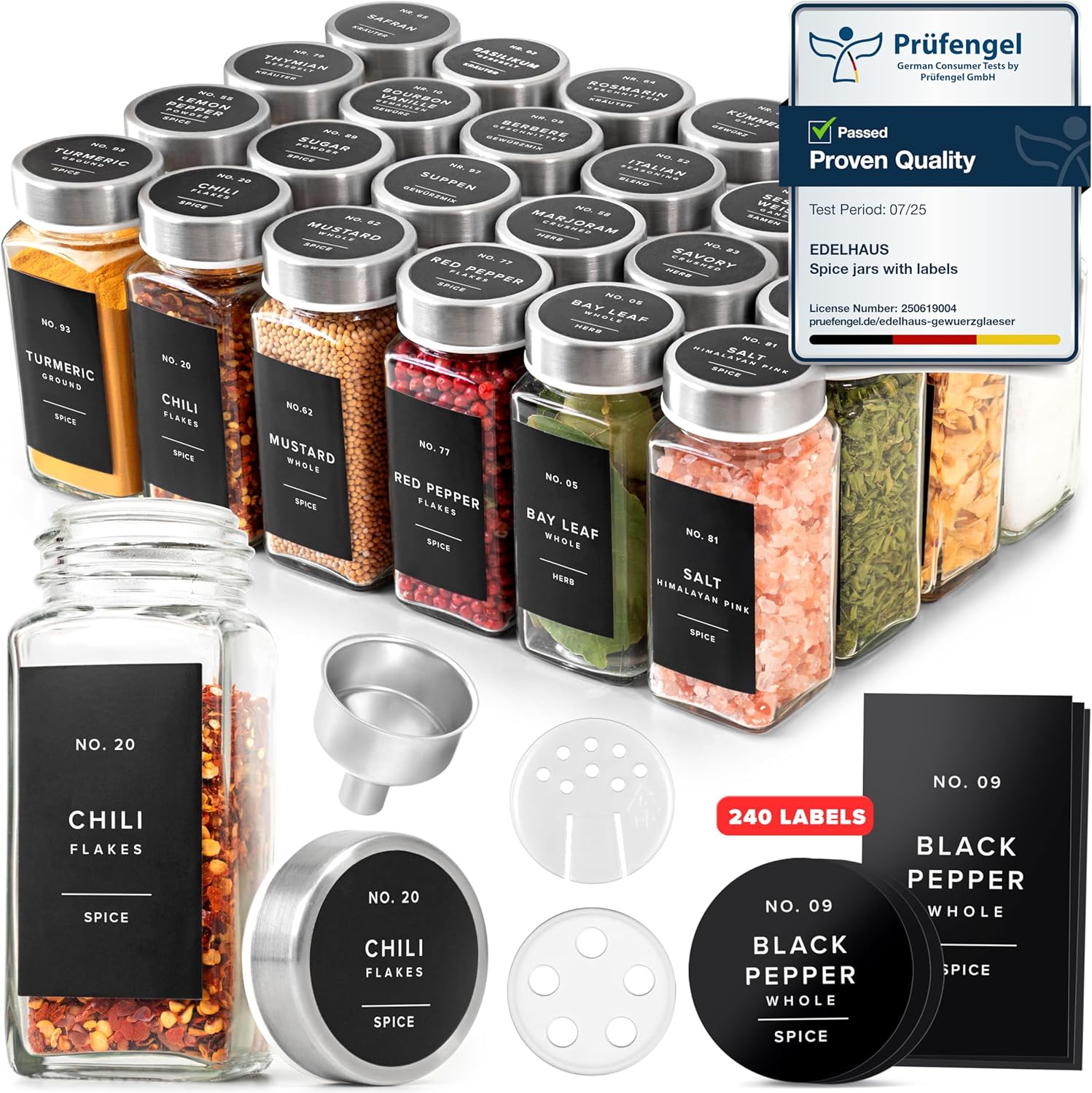 Glass Spice Jars with Labels and Steel Lids (24 x 4oz) Spice Containers with 240 Label, Steel Funnel, Shaker Inserts, Empty Square Seasoning Organizer for Spice Rack, Cabinet, Drawer Stainless Steel Lid