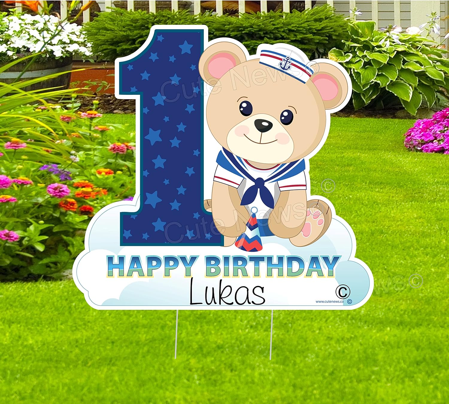 Custom Teddy Bear Sailor Theme Happy 1st Birthday Yard Sign - Personalized Lawn Art - Outdoor Party Decoration - Gift