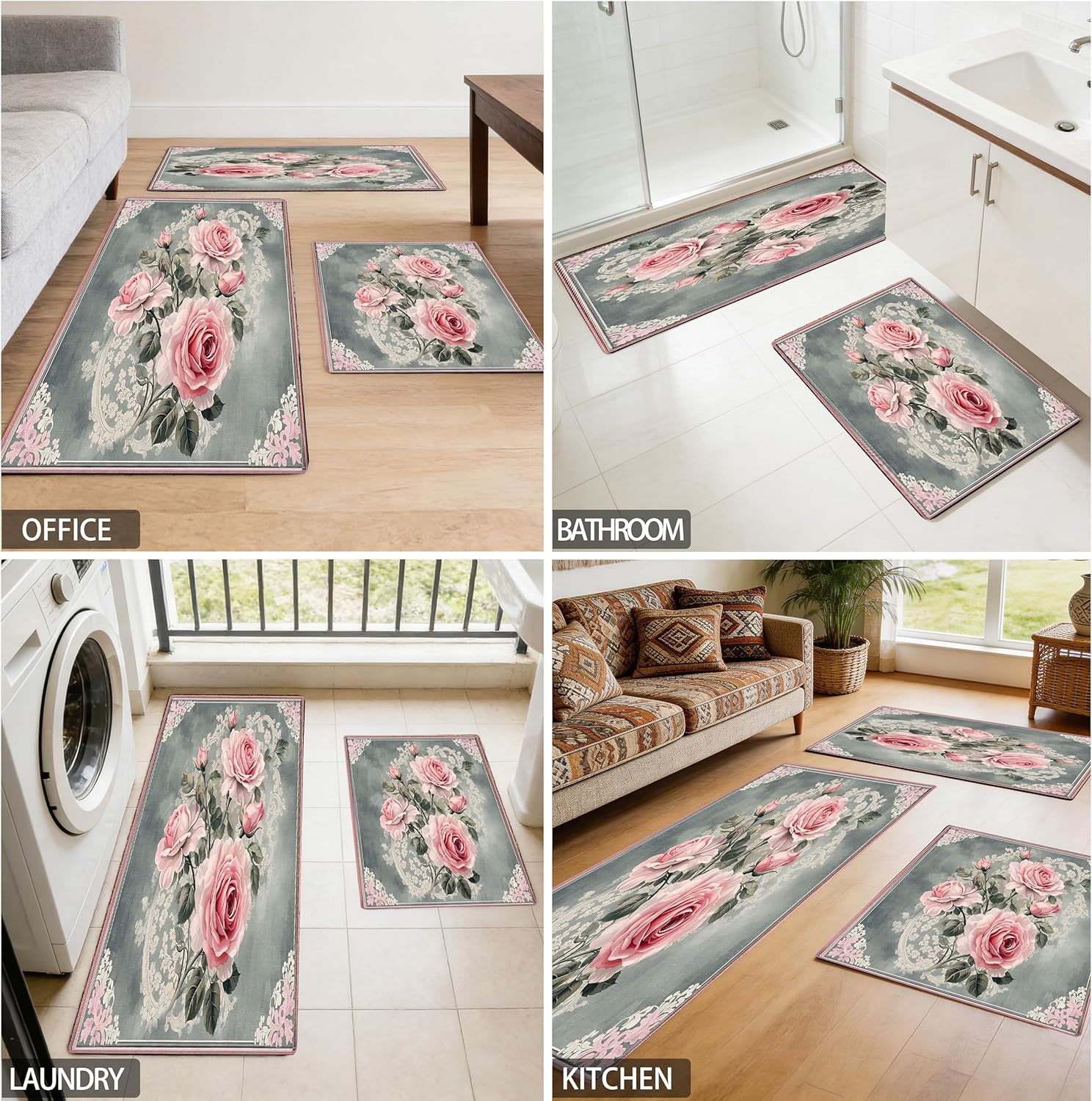 Kitchen Mats, 2PCS Kitchen Rugs, Non-Slip Washable Stylish Runner Mat for Kitchen, Hallway, Entryway - Ideal for Families and Homeowners, Anti-Fatigue Floor Decor (Pink Rose, 16"x24"+18"x47")