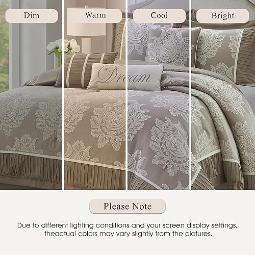 Miniatura 4 de Stratford Park Juego de edredón beige tamaño Queen, juego de cama jacquard de 7 piezas, para todas las estaciones