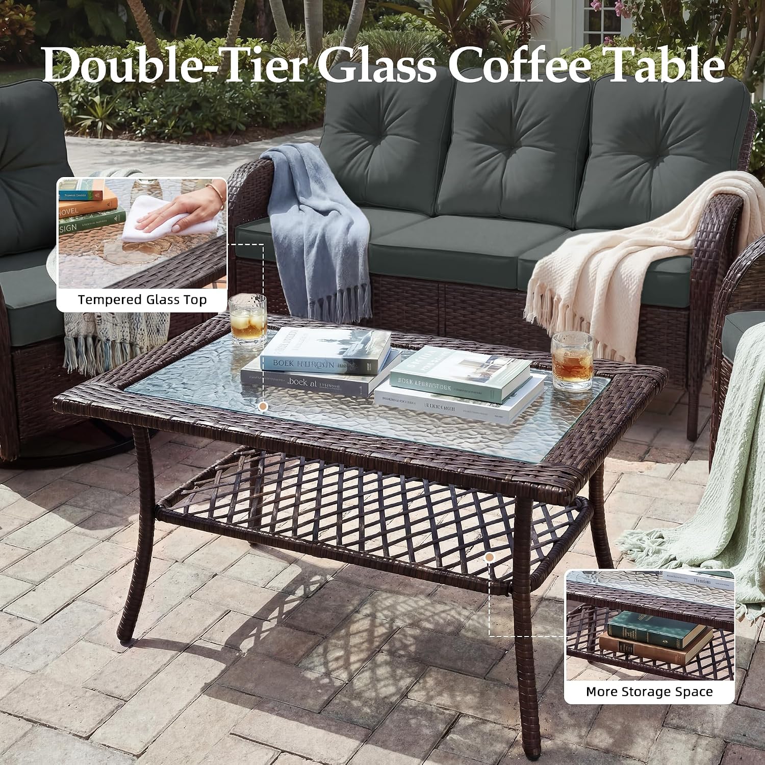 UPHA 5 Pieces Patio Furniture Sets, Wicker Outdoor 3-Seat Sofa Set with Swivel Chairs, Patio Conversation Set for Deck Backyard Garden, Brown Rattan, Gray Cushion