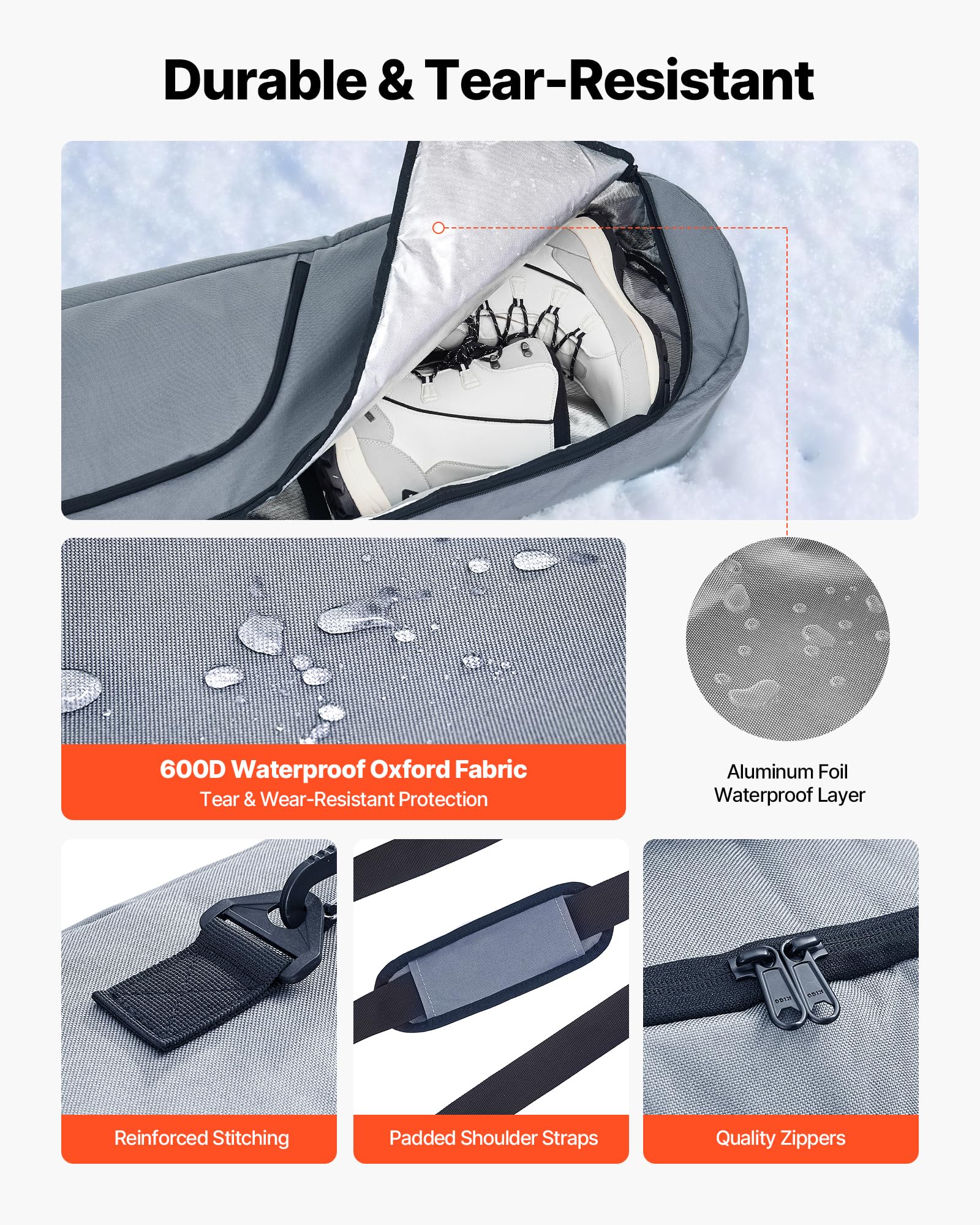 VEVOR Sac à roulettes pour Skis, Sac de Snowboard rembourré, Tissu Oxford 600D imperméable, Sangles réglables, pour bâtons, Lunettes, Gants, Casques, Bottes