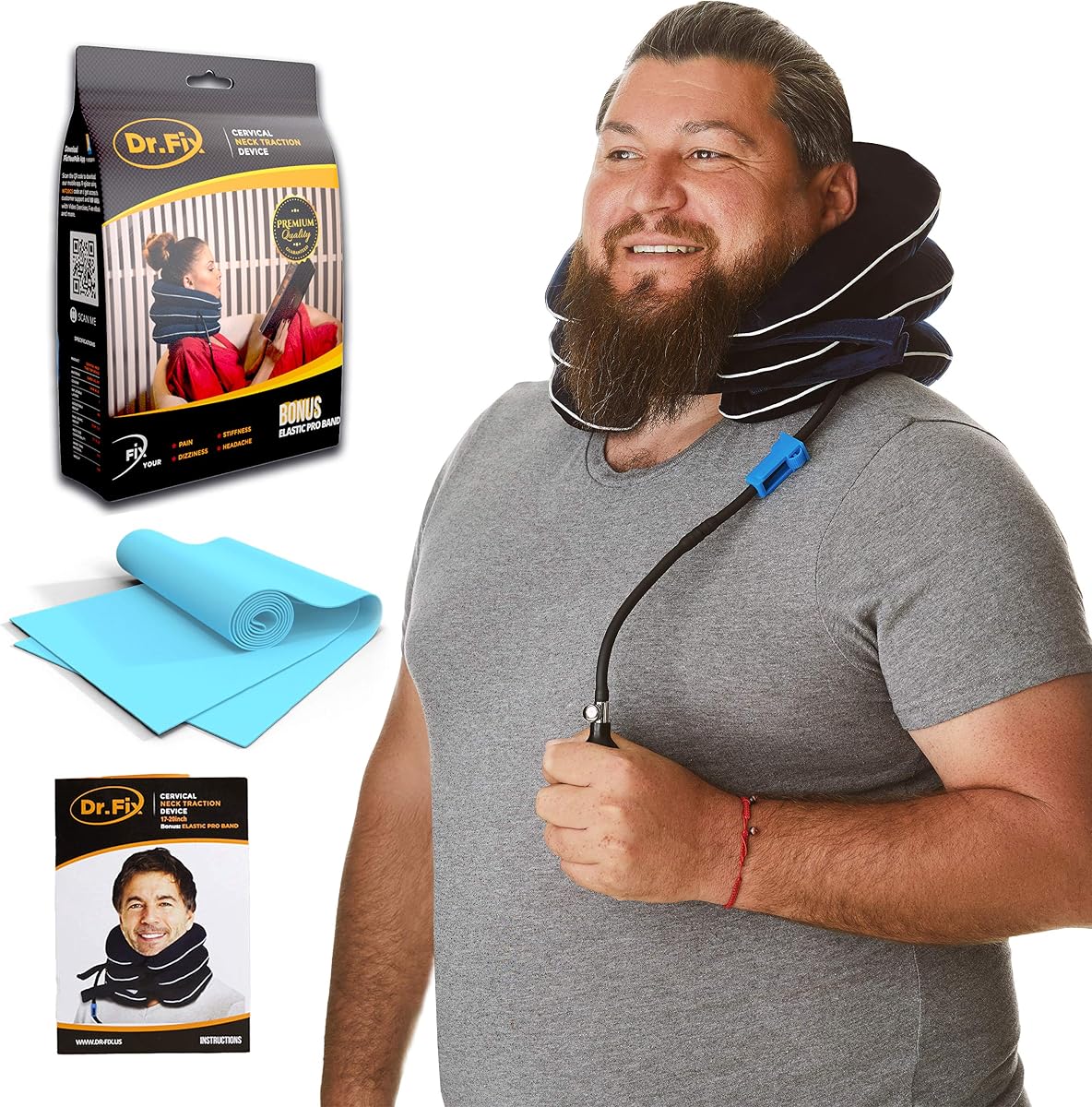 Dr Fix Cervical Neck Traction Device for Instant Neck Pain Relief at Home | Elastic Band (Dark Blue, 17-20)