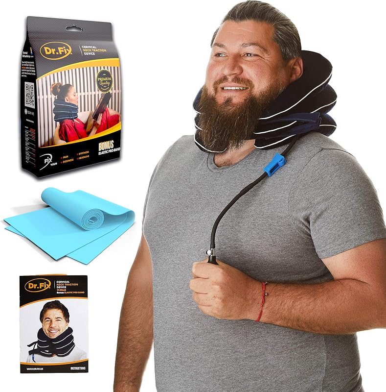Dr Fix Cervical Neck Traction Device for Instant Neck Pain Relief at Home | Elastic Band (Dark Blue, 17-20)