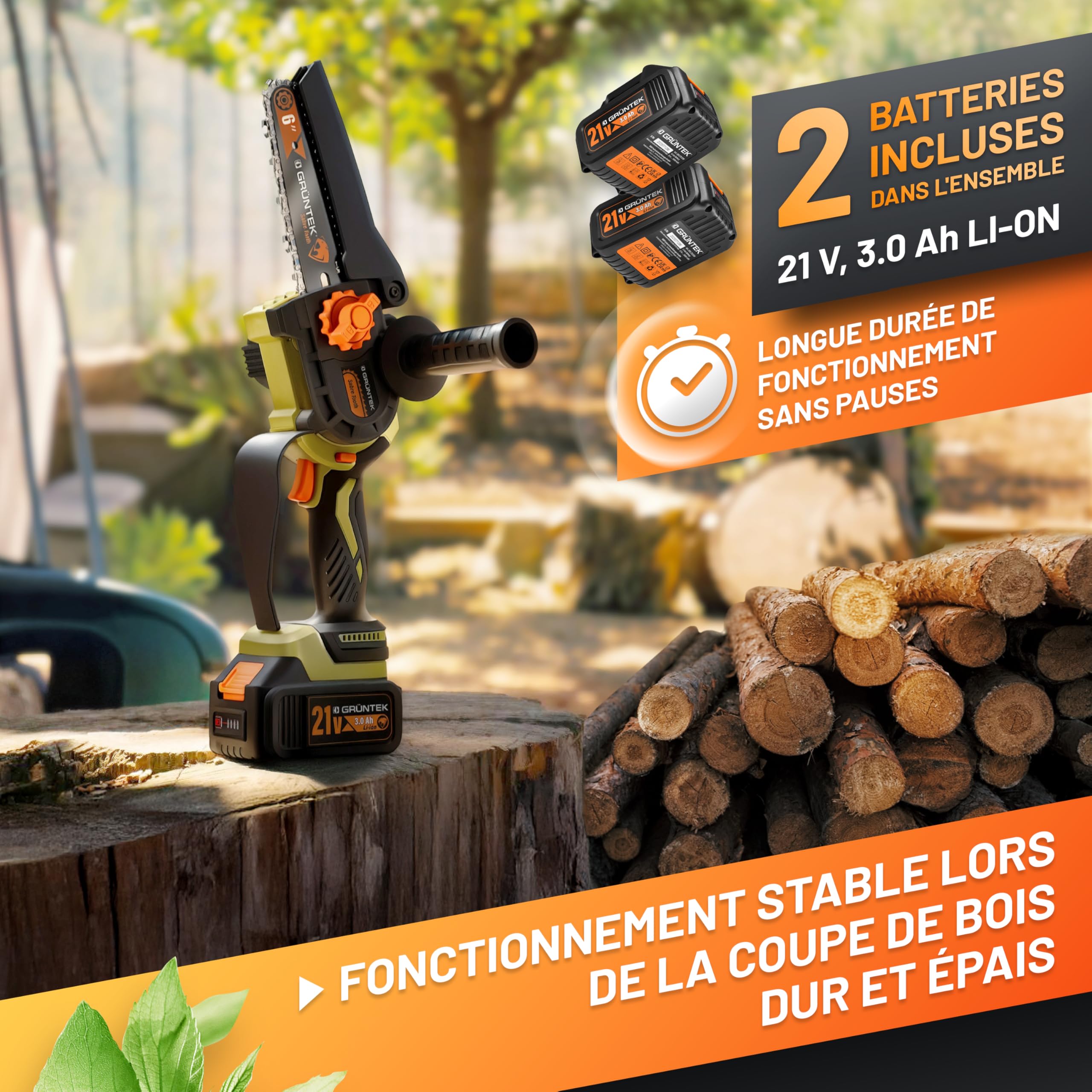 GRÜNTEK Mini Tronçonneuse à Batterie Sans Fil Brushless 21V Élagueuse Scie de Jardin Electrique avec 2 Batterie, 2 Chaînes. Kita avec accessoires de Jardin Gants et Lunettes