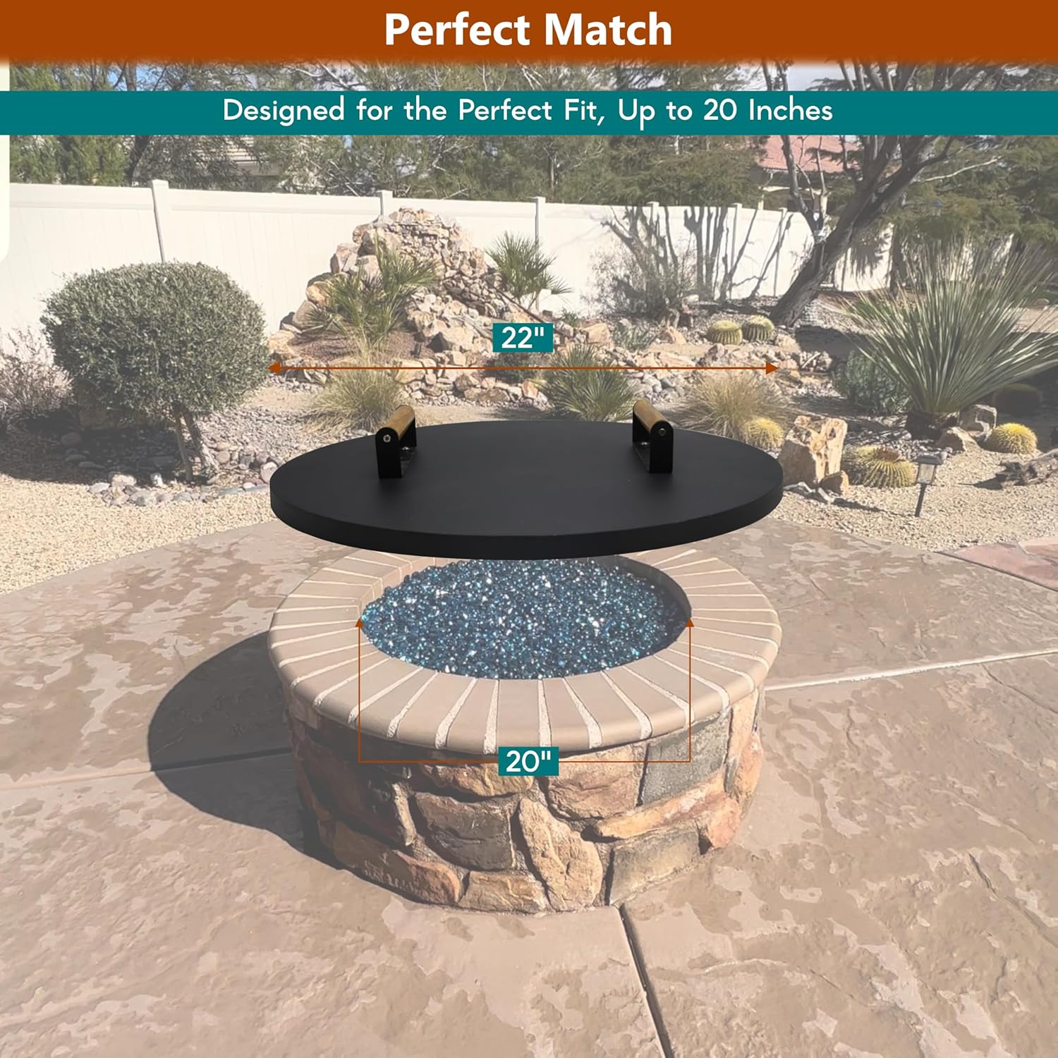 22” firepit lid round for inside up to 20” gas fire pit lid for Outdoor Fireplace Cover Lid Steel fire pit metal cover W/ 2 Wooden Handles & Heat Resistant Snuffer Lid for Round Patio FirePit Ring