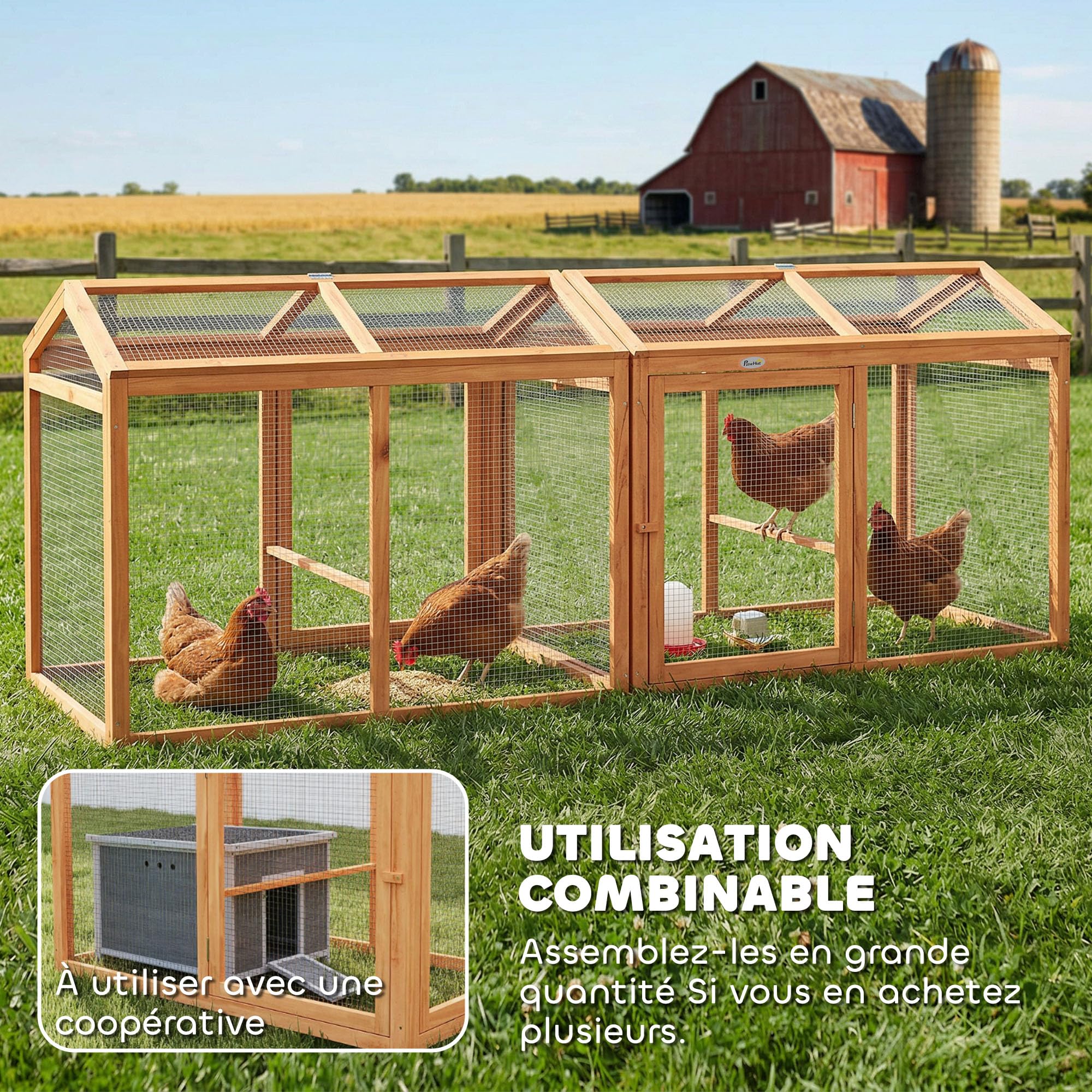 PawHut Recinto - Gallinero combinable, 2 gallinas, 104 x 70,5 x 84 cm, color naranja | Madera Natural, Parque De Malla Modular Y Extensible, Gallinero De Protección, Malla Densa, Ampliación Recinto De Gallina
