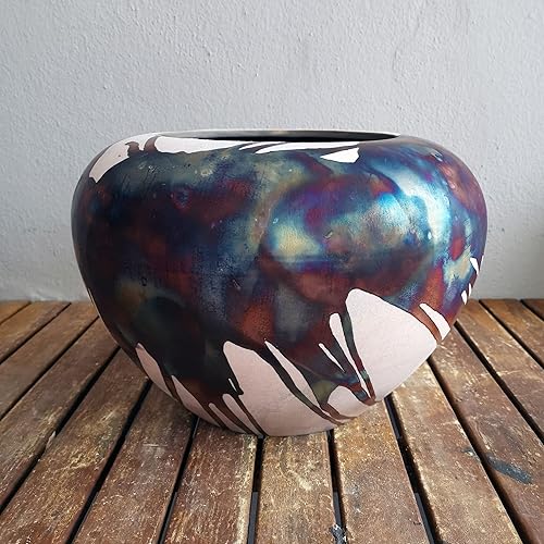 Miniatura 6 de RAAQUU Jarrón grande de arte mate Tsubomi en medio cobre (pedido anticipado)  13.5 pulgadas de ancho Raku hecho a mano cerámica arte centro de mesa