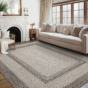 GAOMON Braided Collection Area Rug 5x7 Modern Rug Washable Rugs Navy Vintage Country Cottage Floor Carpet Low Pile Non Slip Indoor Throw Carpet for Living Room Bedroom Non-Shedding Aesthetic Tan