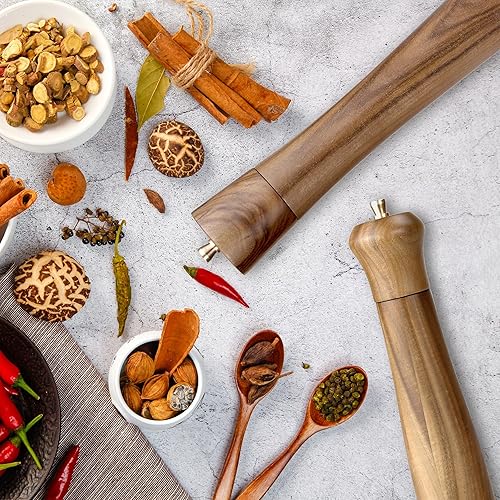 Miniatura 6 de Juego de molinillo de sal y pimienta de madera de 10 pulgadas, molinos de madera de acacia, molinos de especias recargables, molinillo de rotor de