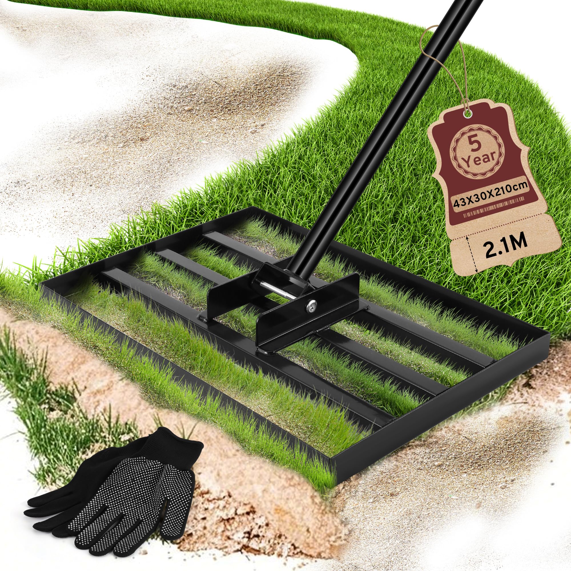 COZCLAM Rasen-Nivellierrechen, Garten Rasen Rakel, 43 x 30 cm, 210 cm Stiel | Für Sand, Erde & Topdressing, Gartenwerkzeug zum Nivellieren und Rasen Sanden in Garten, Hof, auf Rasenflächen & Golfplätzen