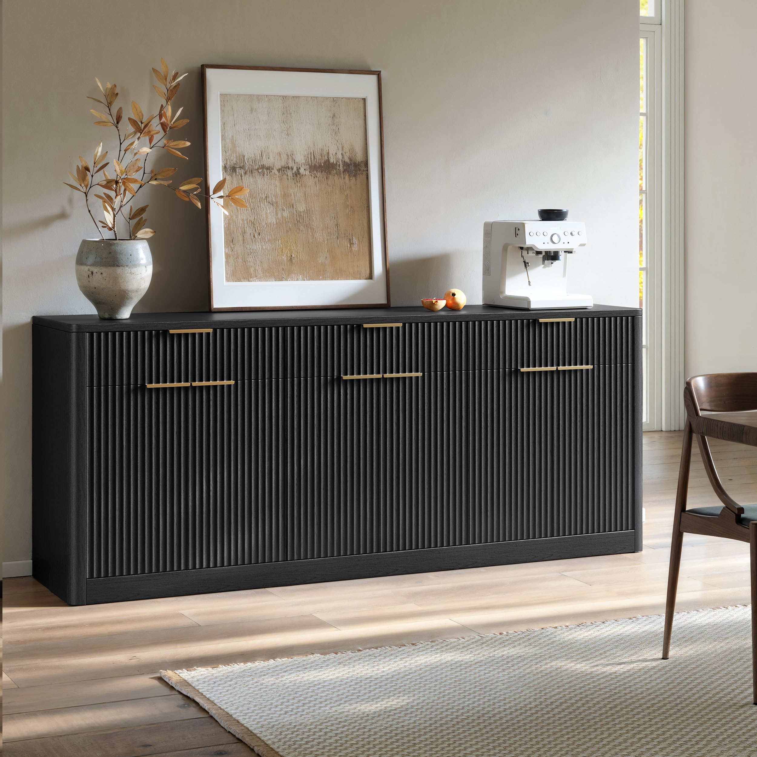 Evermagin 67" Fluted Black Sideboard Buffet Cabinet with 3 Drawers