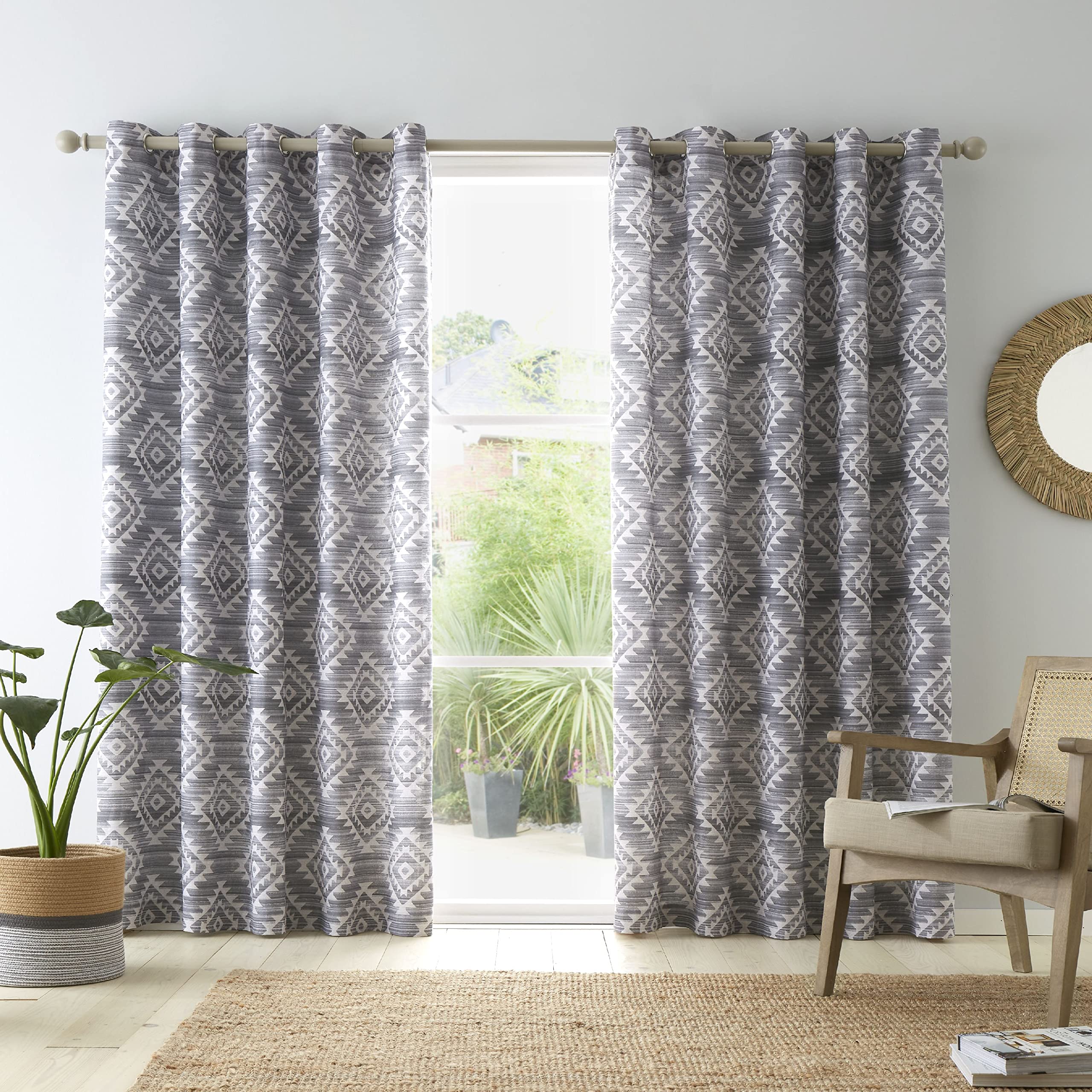 Catherine Lansfield Charcoal Grey Living Aztec Geo 66X90 Inch Lined Eyelet Curtains Two Panels