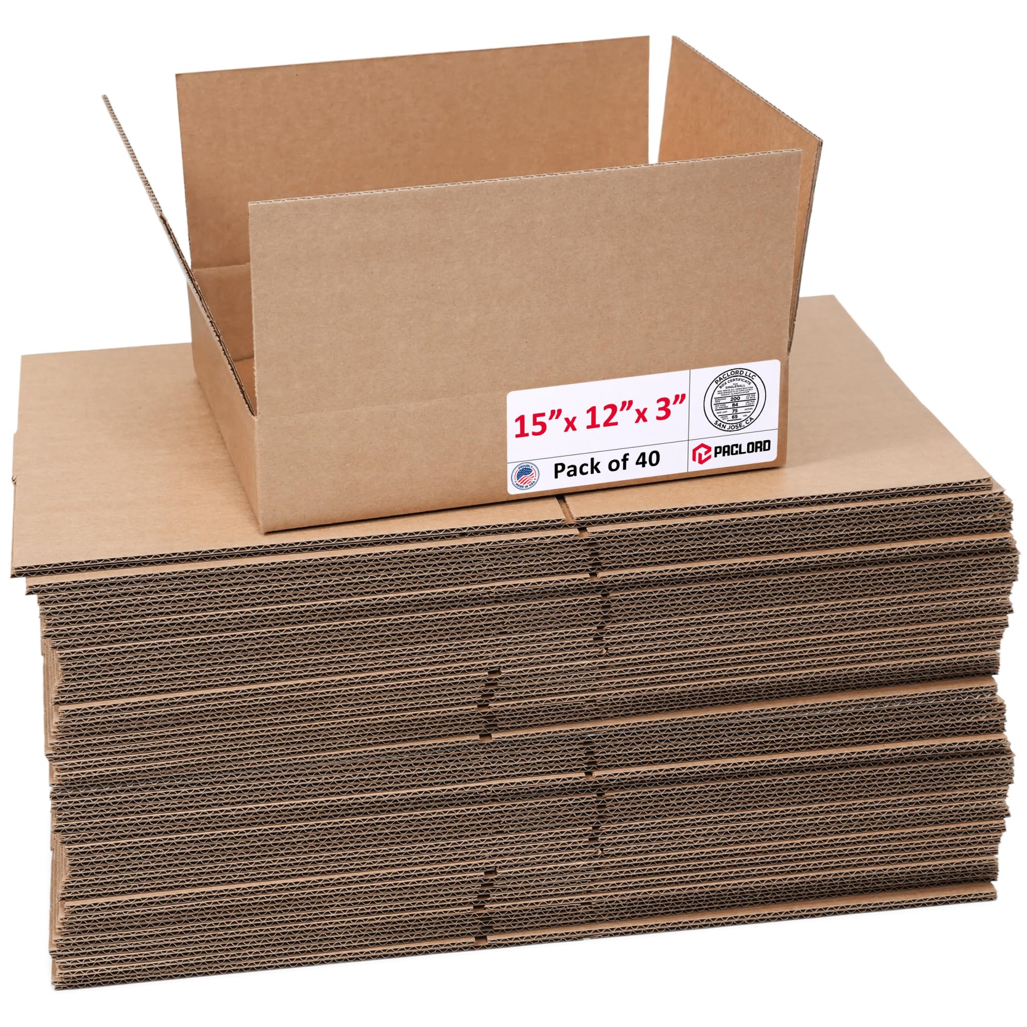 Flat Cardboard Boxes 15"L x 12"W x 3"H (Pack of 40) - USA-Made Packing Boxes for Moving, Shipping, or Storage - USPS, UPS, FedEx Approved - Professional Packing Supplies for Moving | USA-Made Packing Boxes for Moving, Shipping, or Storage - USPS, UPS, FedEx Approved - Professional Packing Supplies