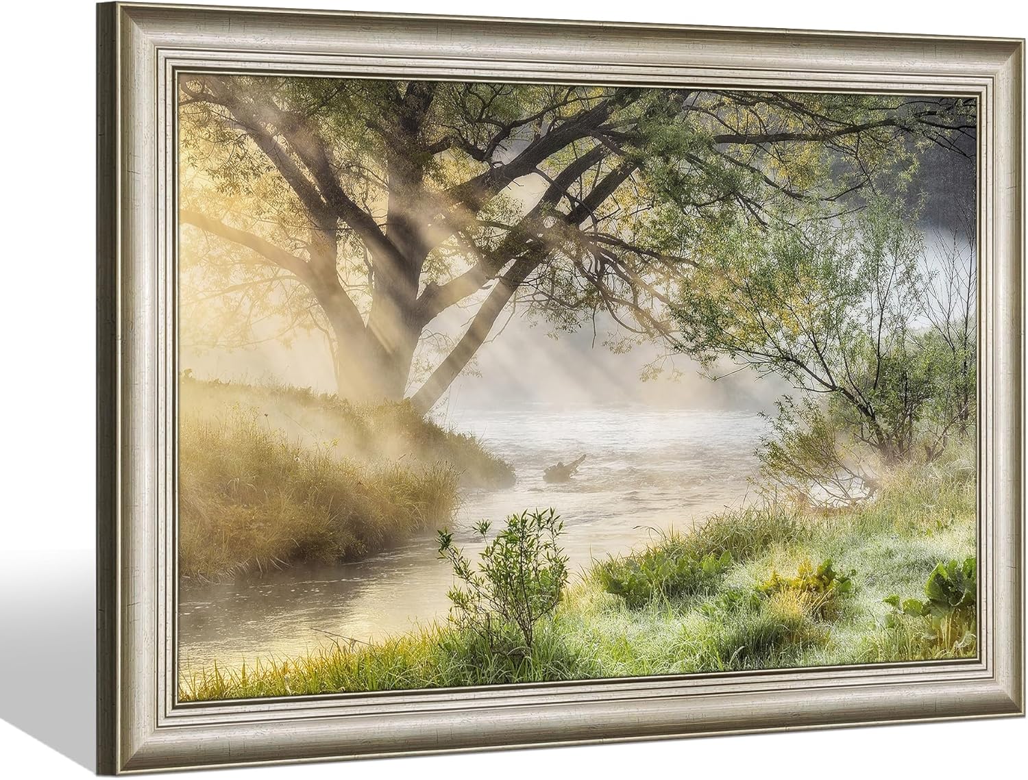 Sea Whisper Lake Sunset Canvas Wall Art: Boat Picture Nature Landscape Prints Lakeside Reed Painting Dock Scene Artwork for Bedroom Living Room Home Office