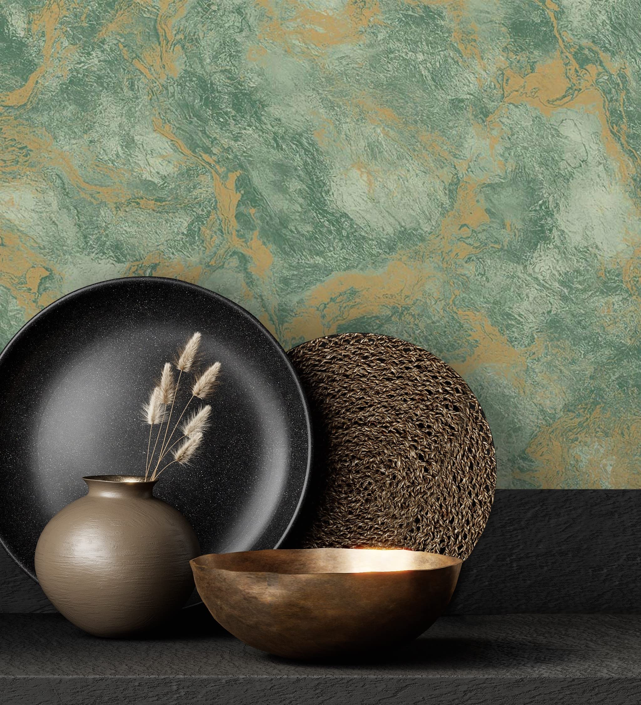 Papier peint vinyle effet stuc vert et or métallisé luxe GAULAN