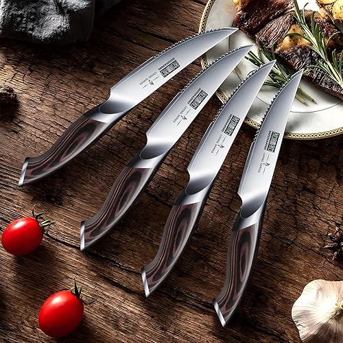 Miniatura 7 de HOSHANHO Juego de 6 cuchillos para carne, ultra afilados de 4.5 pulgadas, cuchillos de carne dentados japoneses de acero de alto carbono con mango