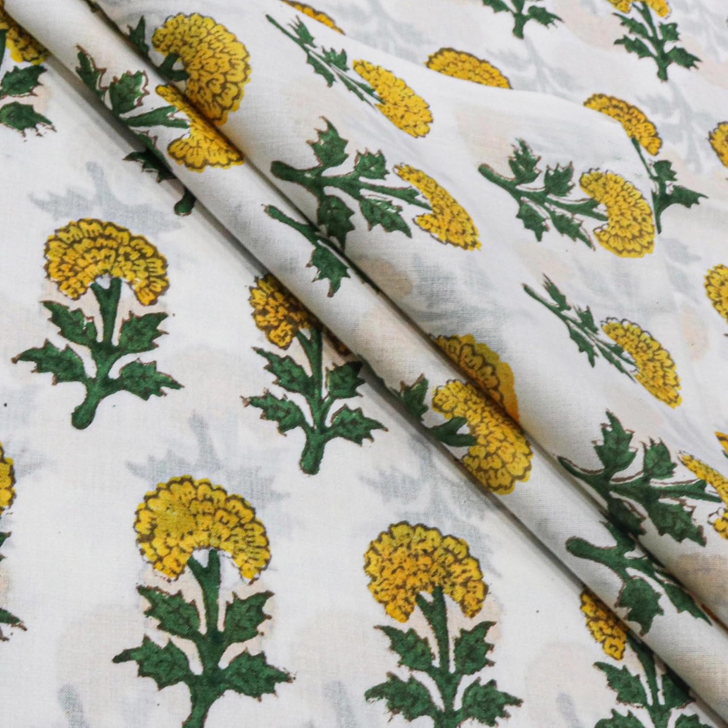 Woven Threads Yellow & Green Floral Cotton Fabric - 10 Yard Bolt - Machine Washable Hand Block Print - 100% Cotton for Dresses, Quilting, Curtains & DIY