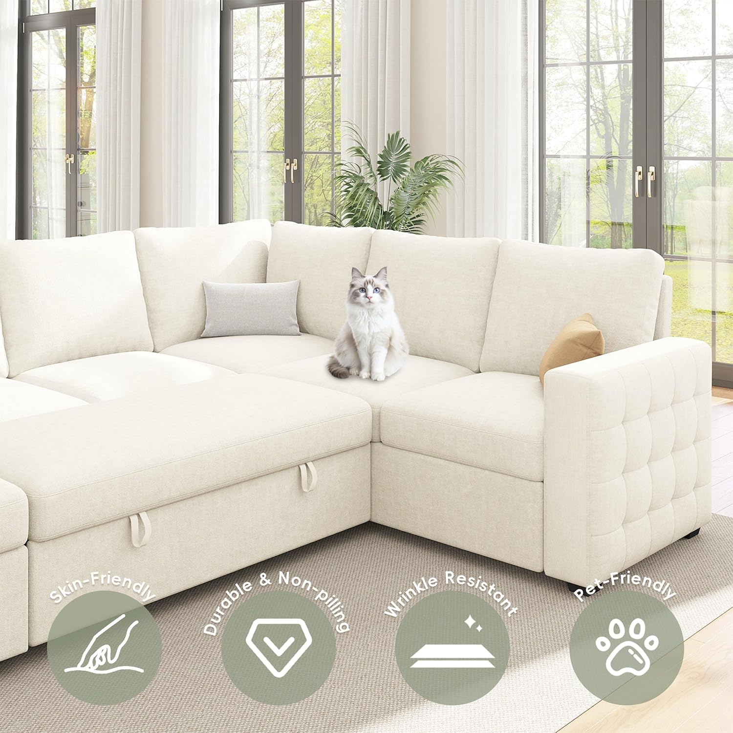 104" Sectional Sleeper Sofa Bed, Pull Out Couch with Storage, Modular Cloud Sofa with Chaise, 7 Seat U Shaped Sectional Couches for Living Room& Apartment, Convertible Sofas, White Couch