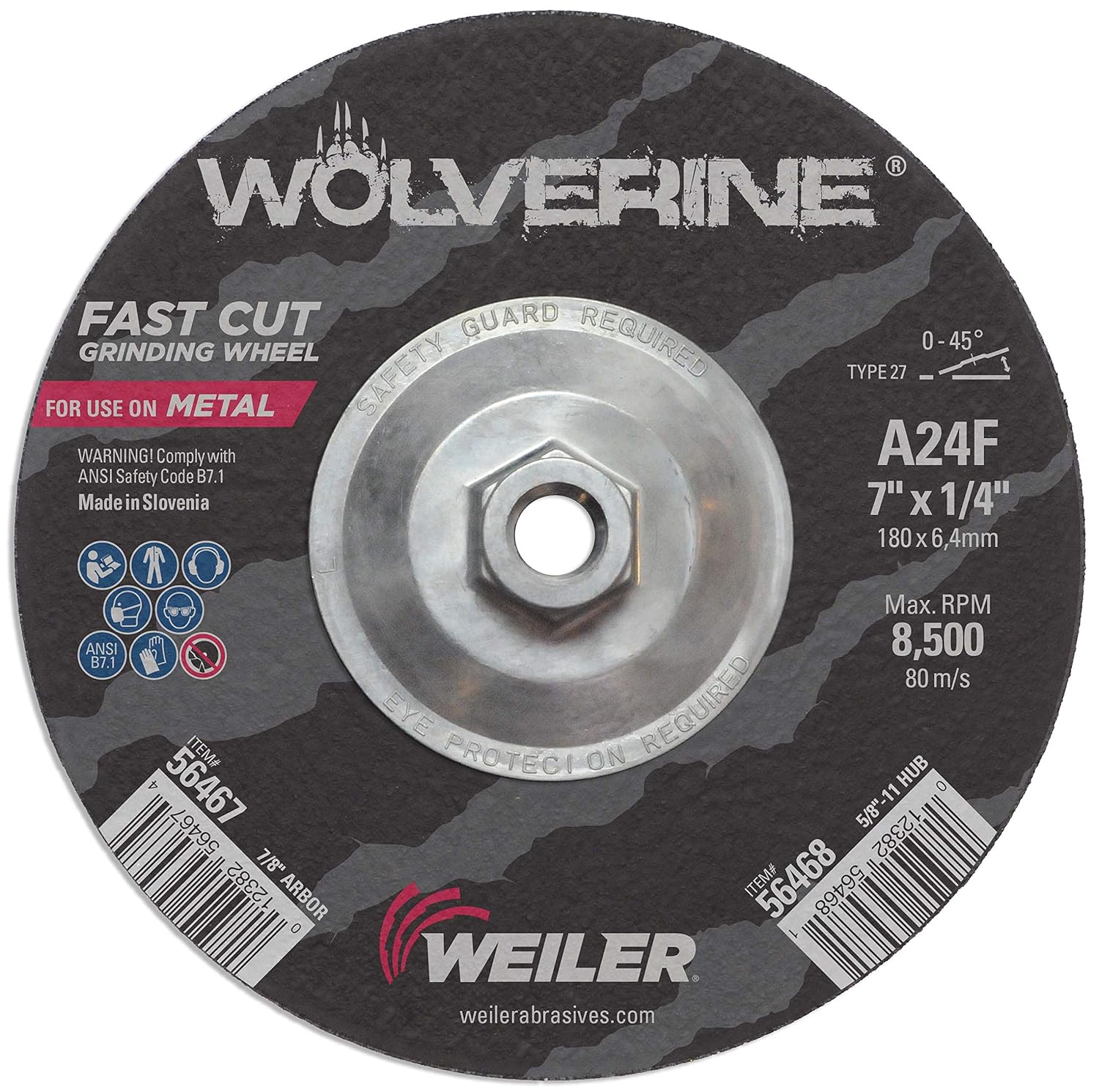 Weiler 56468 Wolverine 5/8" 11 Arbor, 1/4" Thickness, 7" Diameter, A24R Grit, Type 27 Grinding Wheel 1 Count (Pack of 1) Type 27 5/8" Arbor