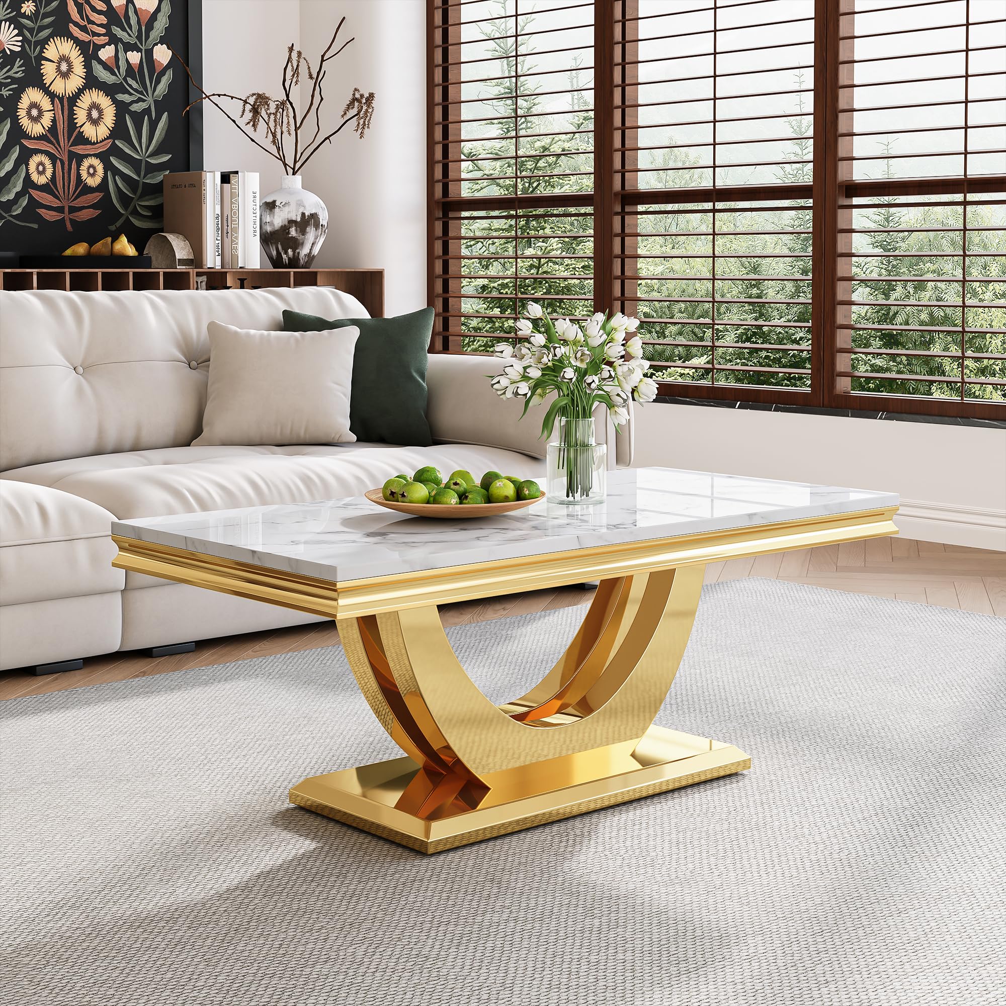 Marble Coffee Table, 47" Faux Marble Rectangular Cocktail Tables with Mirrored Finish Double U-Shape Stainless Steel Base, Central Cocktail Tea Table