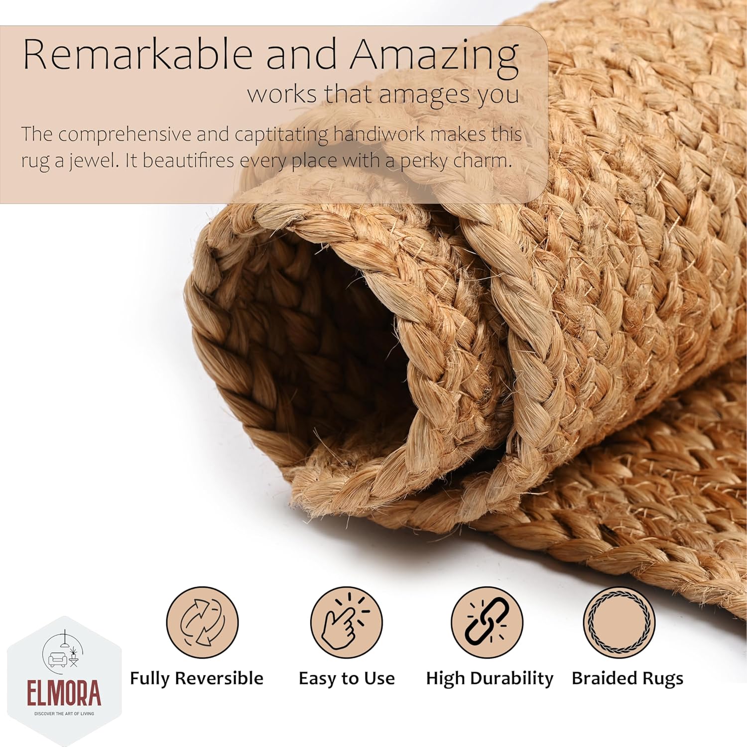 ELMORA Jute Area Rug 3ft Natural Fiber Round Handmade Boho Charm Farmhouse Soft Bohemian Braided Reversible Rustic Vintage Rugs for Indoor Kitchen Bedroom Living Room Hallways Enterways(3'ft Round)
