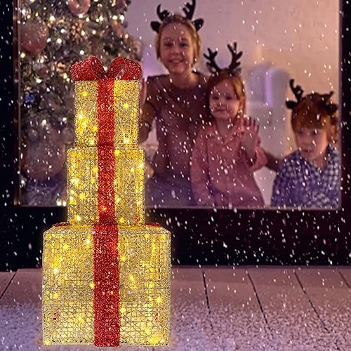 Miniatura 2 de Juego de 3 cajas de regalo iluminadas, cajas de regalo iluminadas de Navidad color dorado champán, 60 luces blancas preiluminadas, caja de regalo