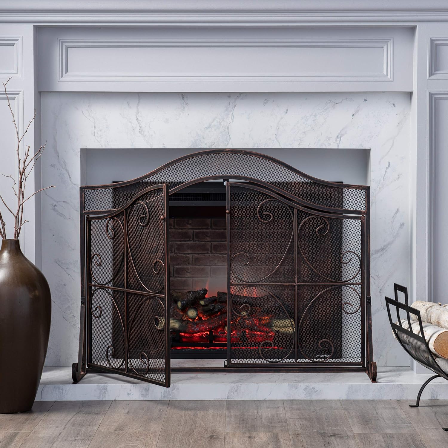 Christopher Knight Home Gary Modern Three Panel Iron Firescreen with Door, Black Copper Finish