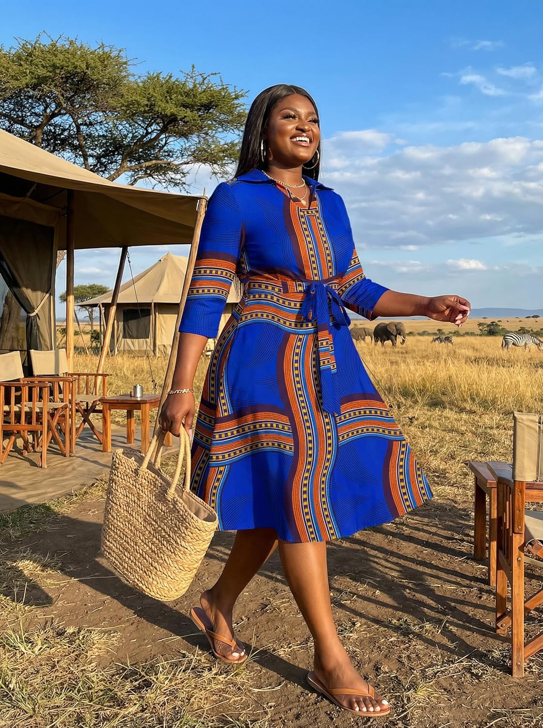 FANDEE Plus Size Midi Dress for Women - Printing Summer Dresses for Wedding Guest Cocktail Party 3/4 Sleeve V Neck(L-5XL) - Image 6